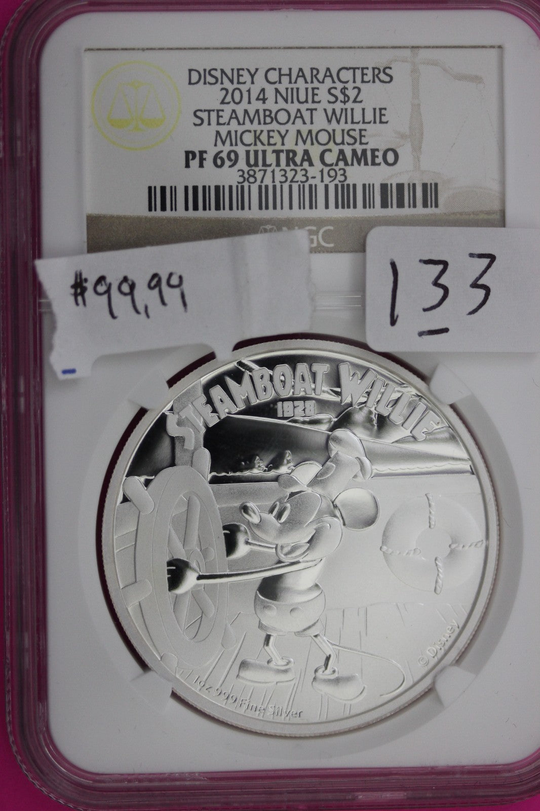 2014 Steamboat Willie PF 69 1 Ounce .999 Silver $2 Coin Niue NGC Certified 133