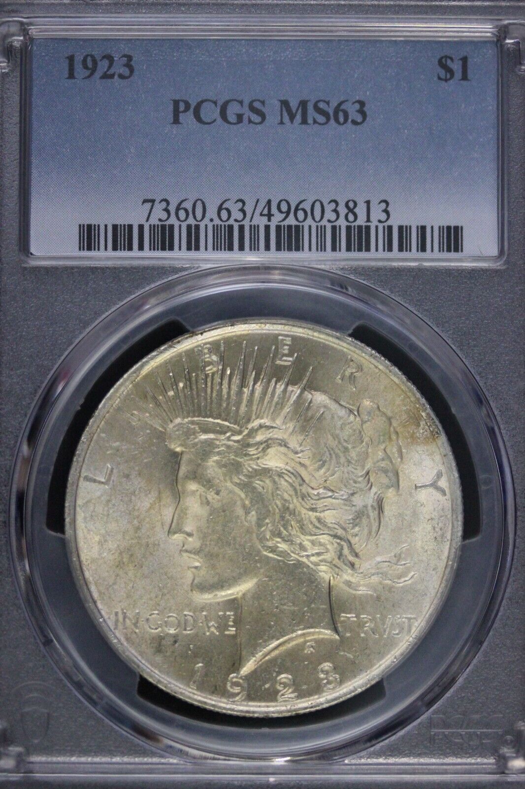 Toned 1923 P MS 63 Peace Silver Dollar PCGS Graded Certified Authentic Slab 52