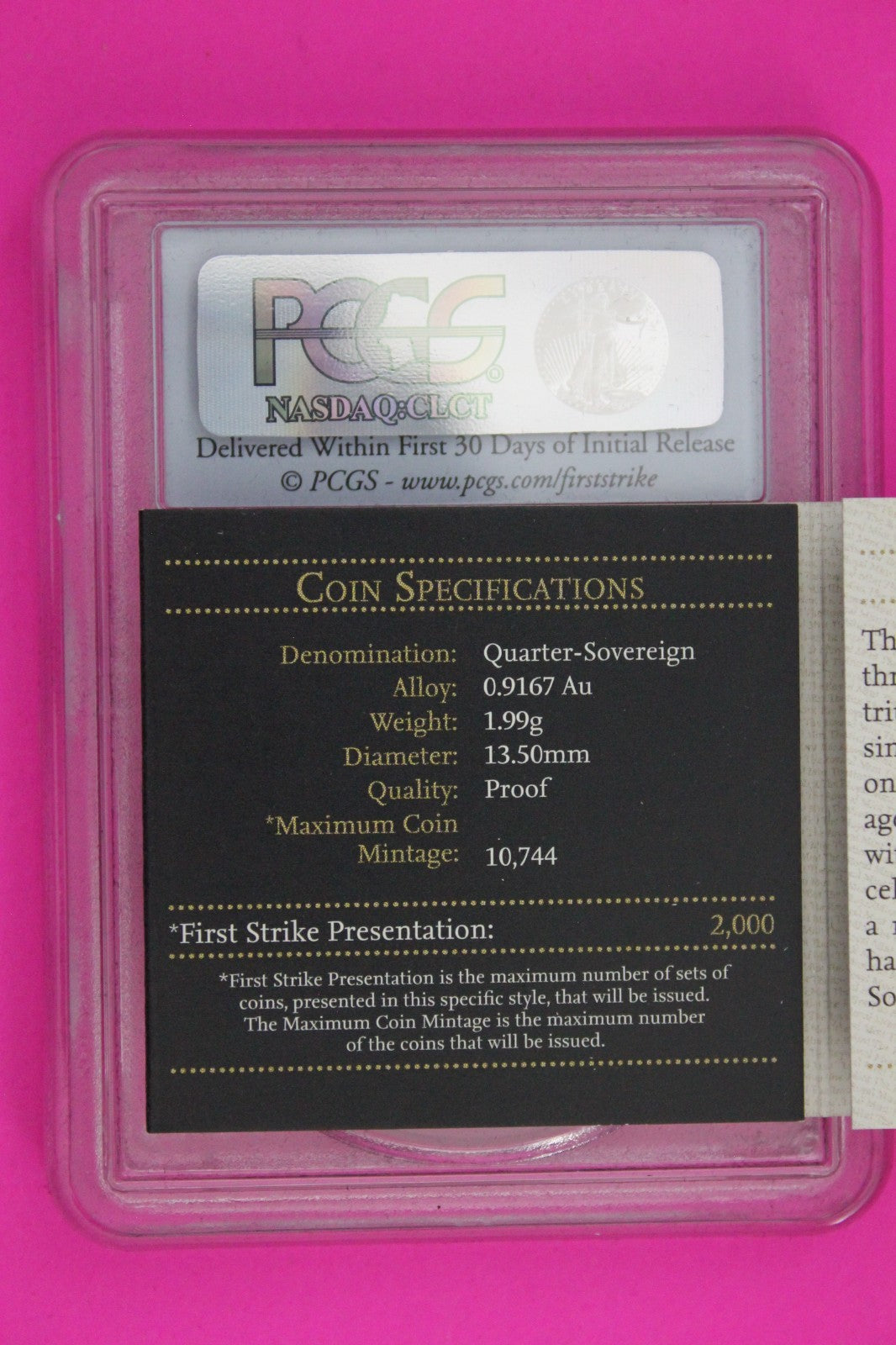 2012 Gem Proof Great Britain 1/4 Soverign .059oz AGW Gold Coin PCGS COA 6005