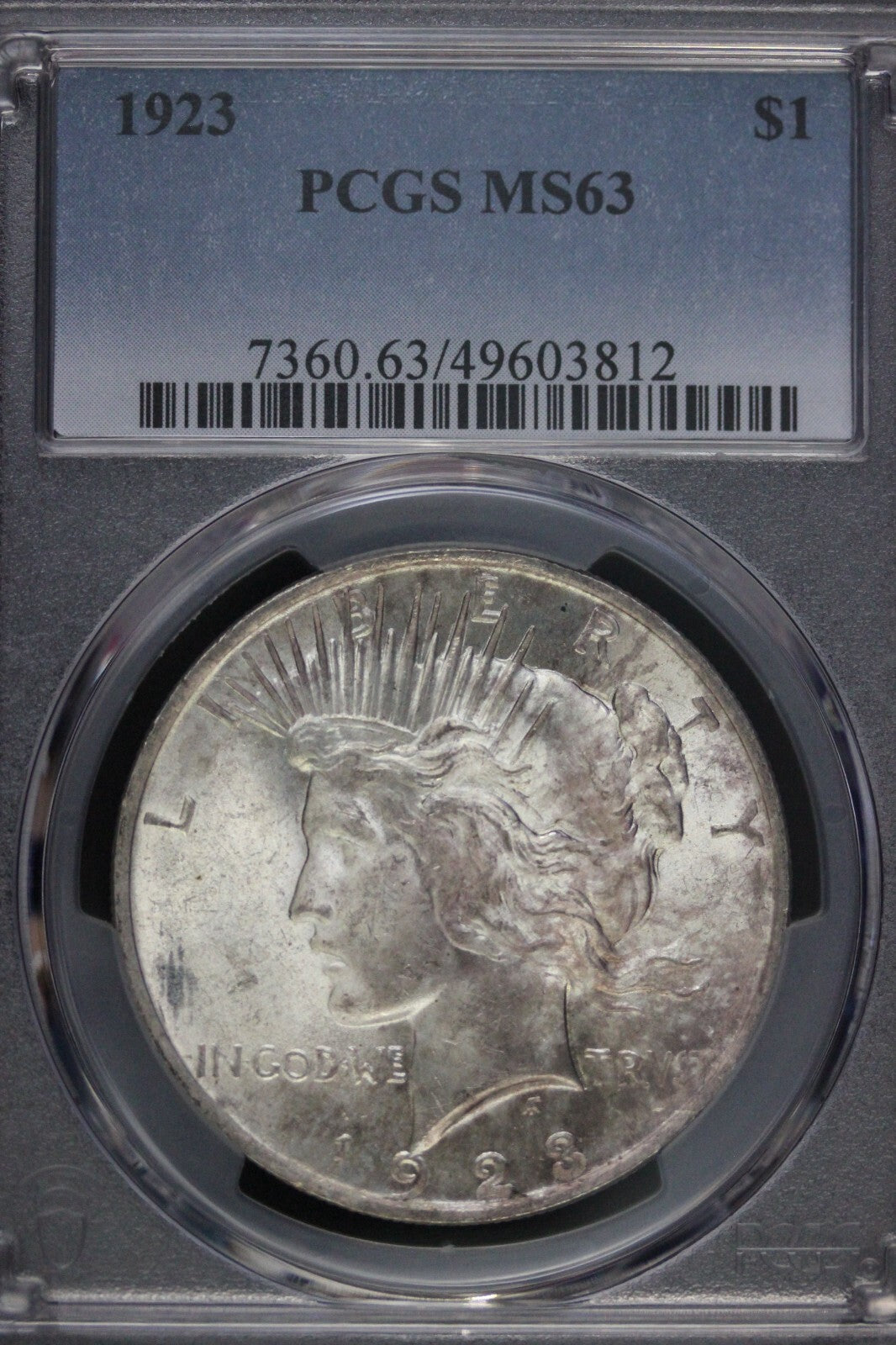 Toned 1923 P MS 63 Peace Silver Dollar PCGS Graded Certified Authentic Slab 51