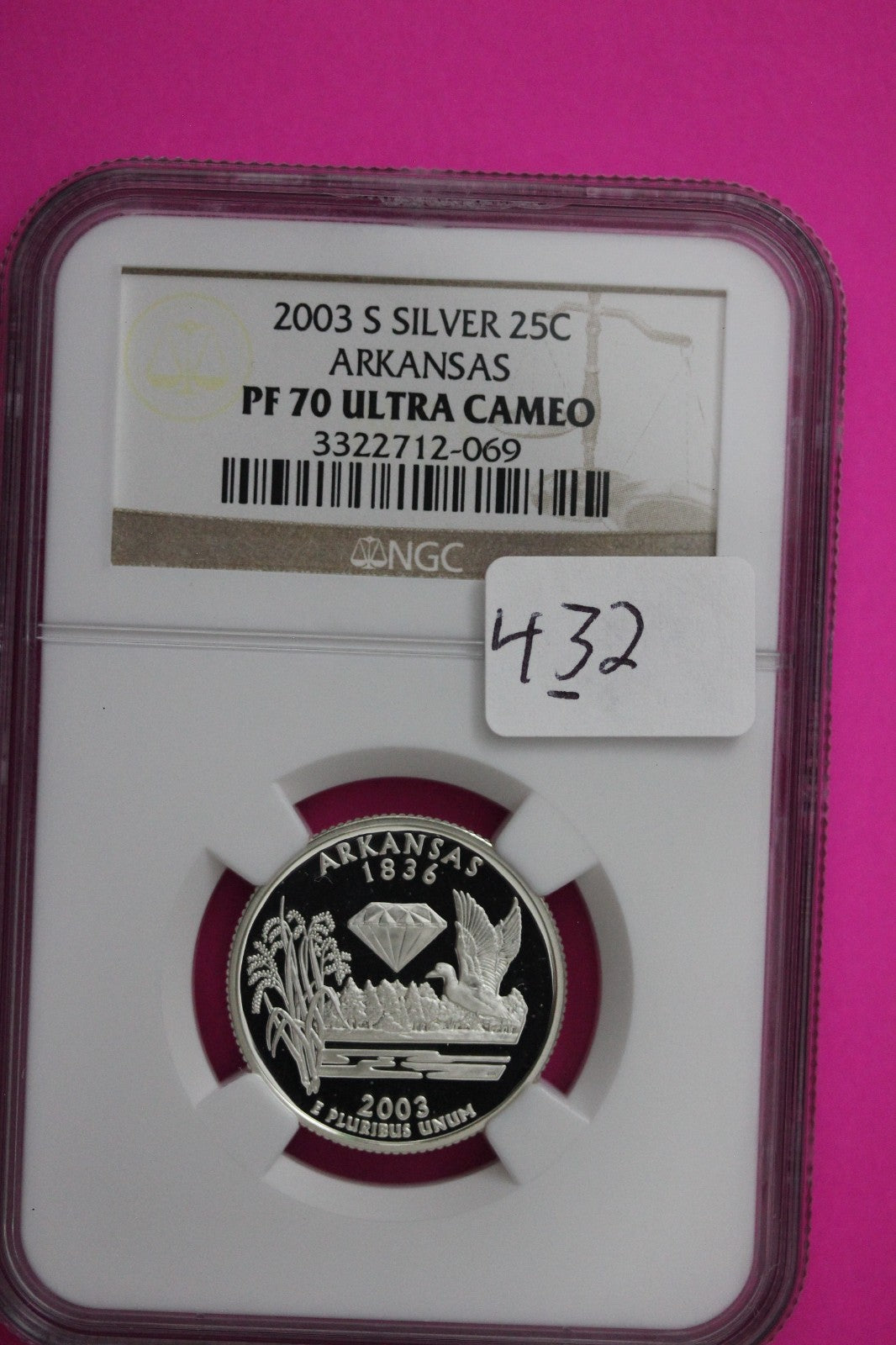 2003 S PF 70 Arkansas Silver State Quarter NGC Certified Authentic Slab 432