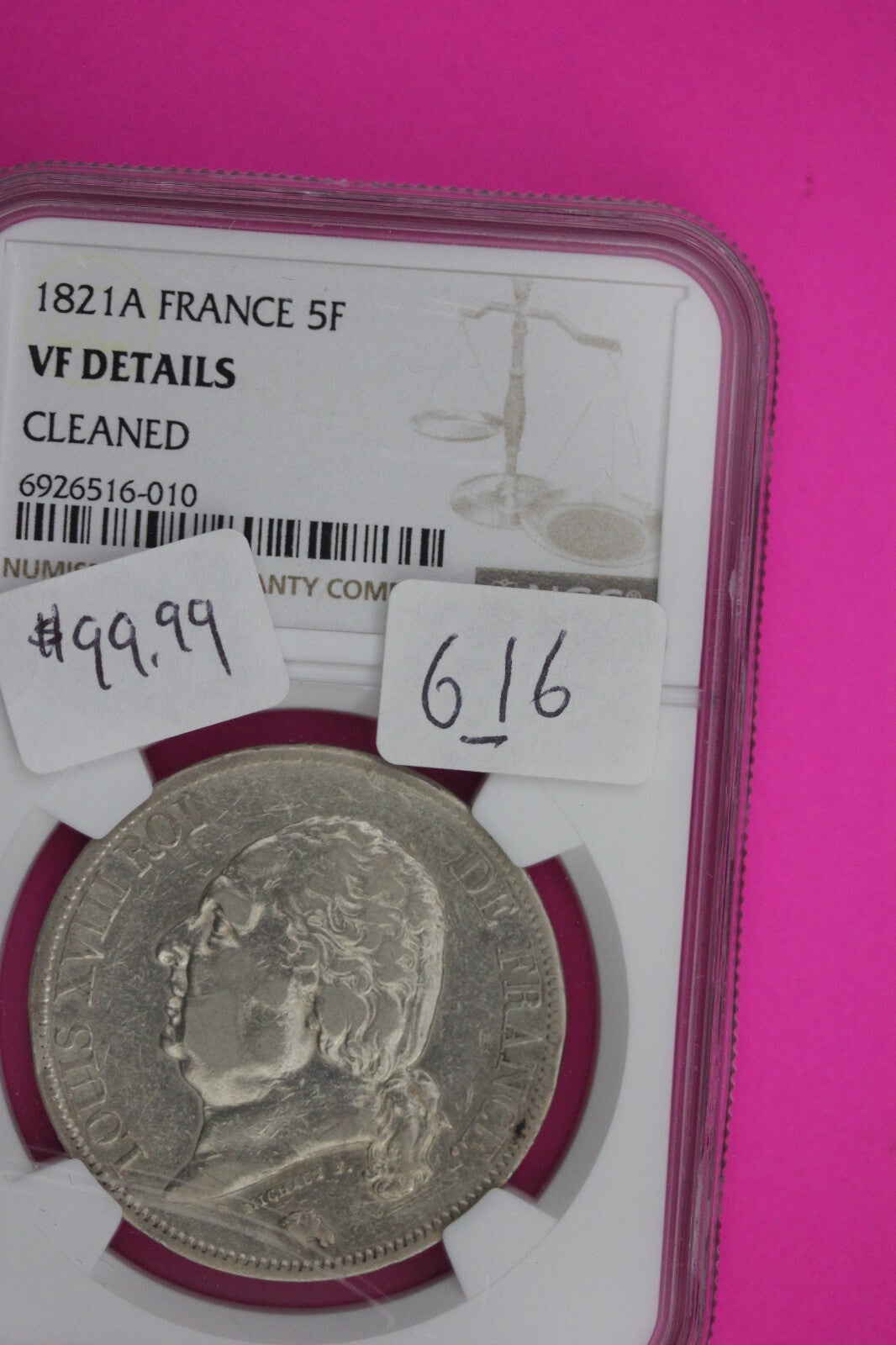 1821 A VF Details France 5 Francs Silver Coin NGC Cleaned Certified Slab 616