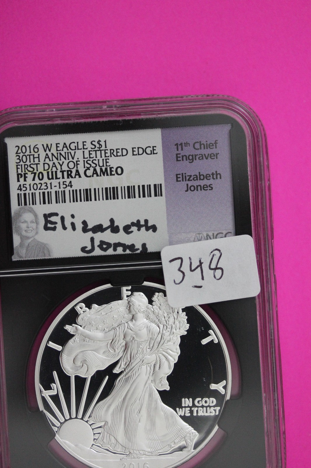 2016 W PF 70 Proof DCAM Silver American Eagle Lettered Edge NGC Jones Sig 348