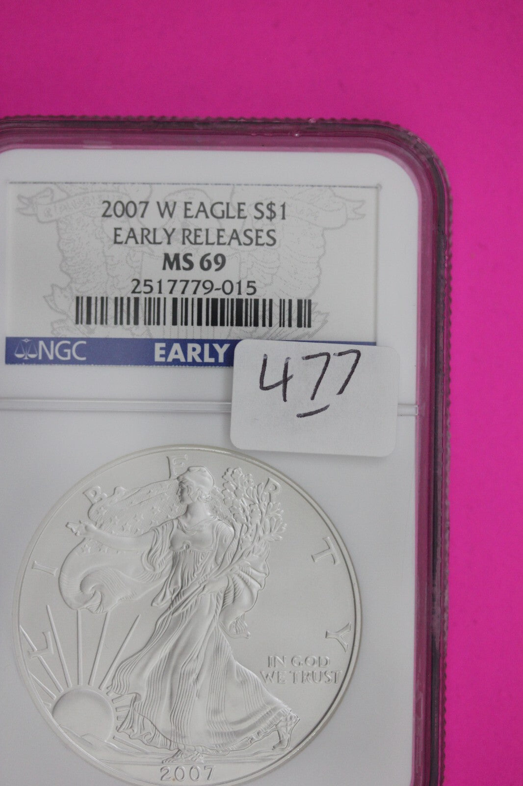 2007 W MS 69 Silver Eagle Coin 1 OZ .999 NGC Graded Certified Authentic Slab 477