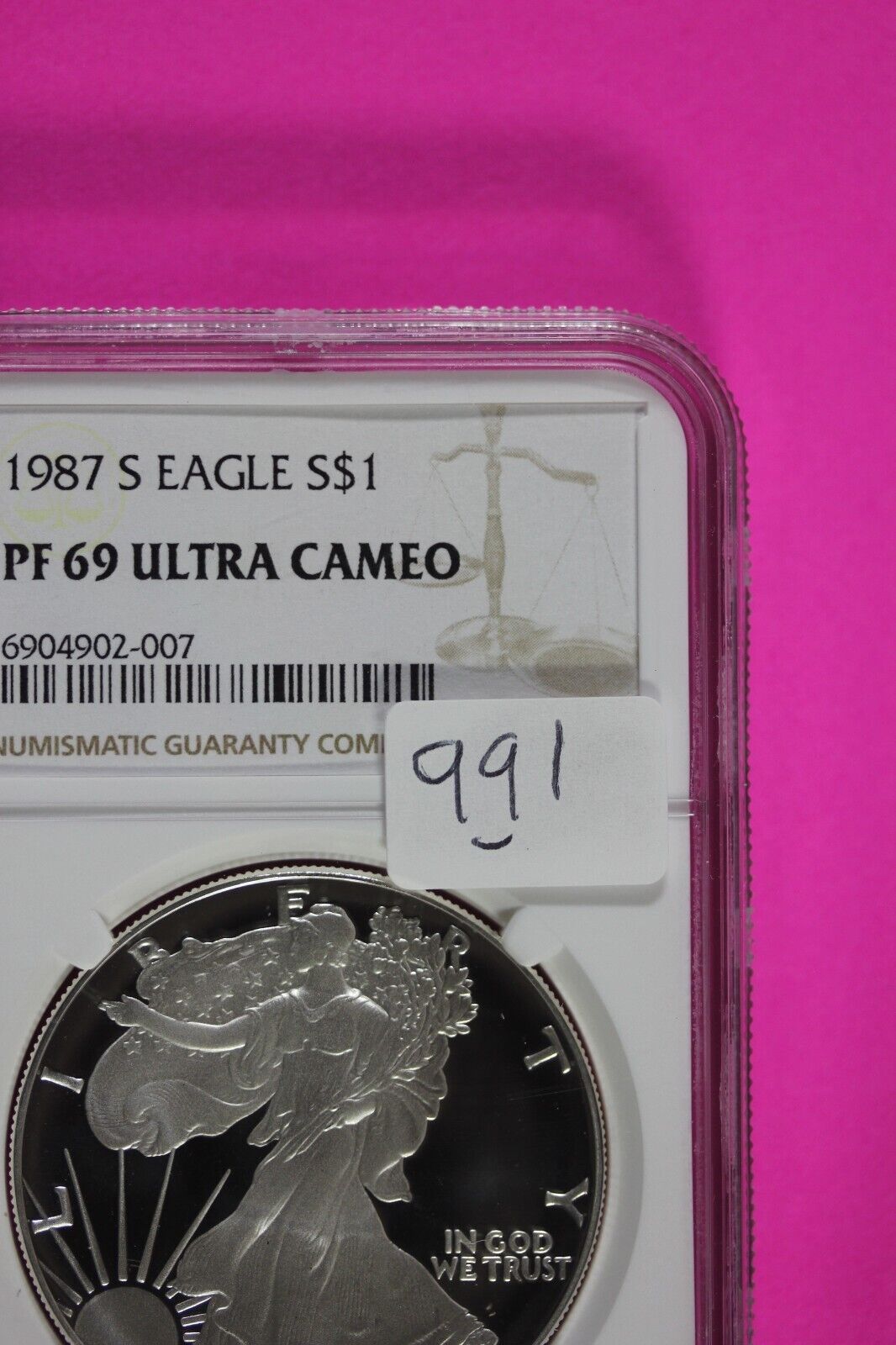1987 S PF 69 Silver American Eagle Deep Cameo Authentic Proof Coin NGC Slab 991
