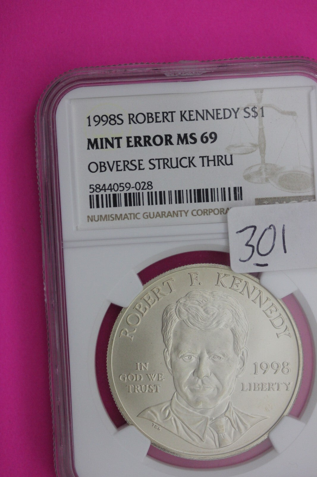 Mint Error Obverse Struck Thru 1998 S MS 69 Robert Kennedy Silver Dollar NGC 301