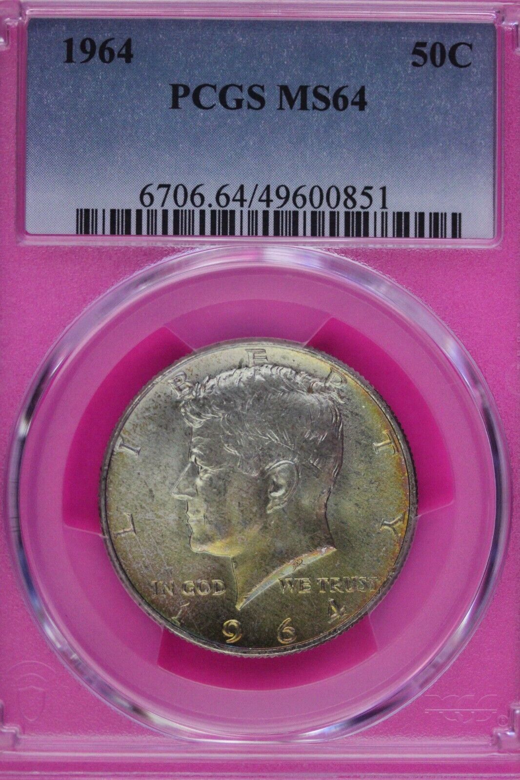 Toned 1964 P Silver MS 64 John F Kennedy Silver Half Dollar PCGS Graded 288