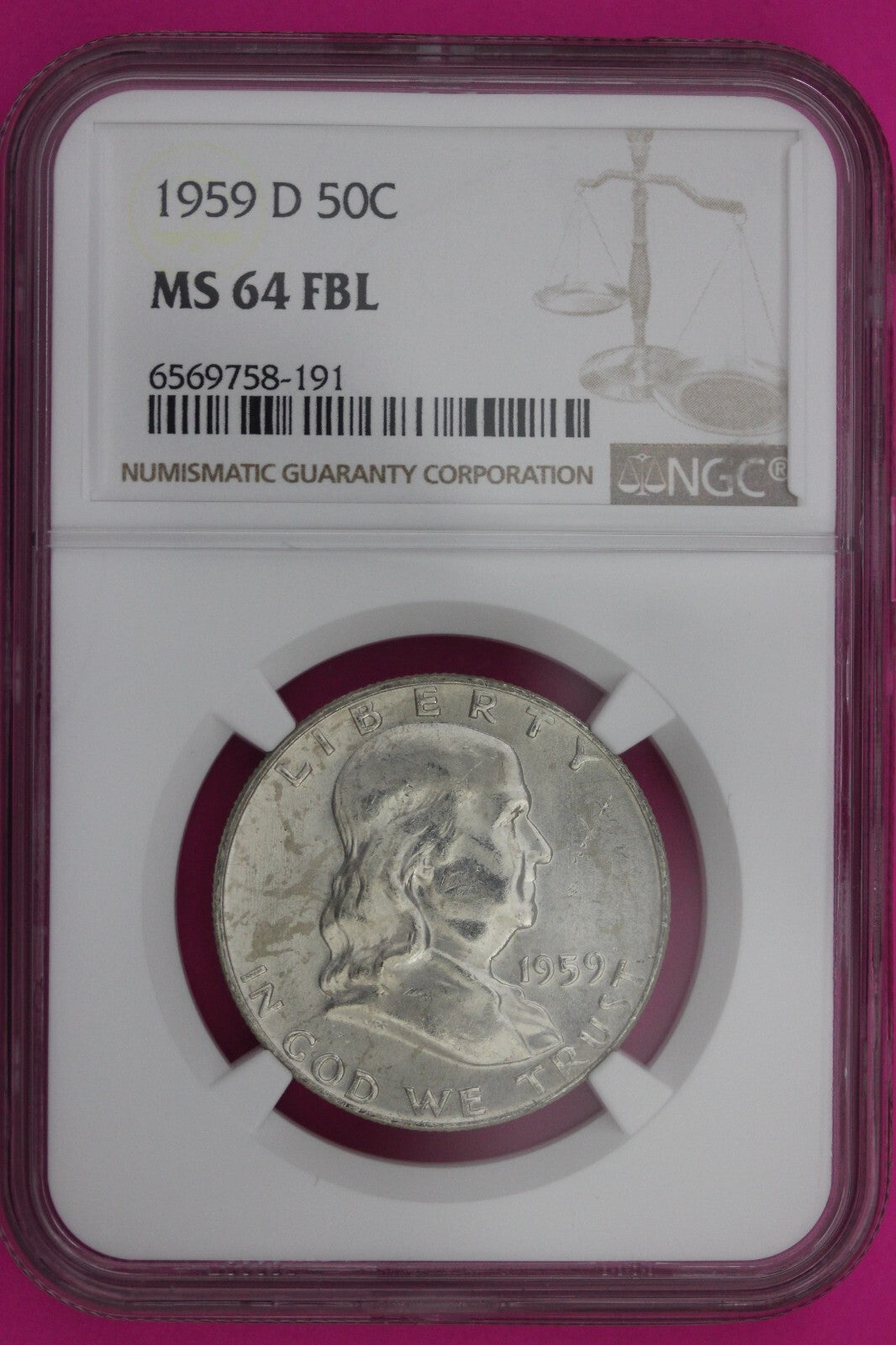 1959 D MS 64 Full Bell Lines Ben Franklin Silver Half Dollar NGC FBL Slab 1174