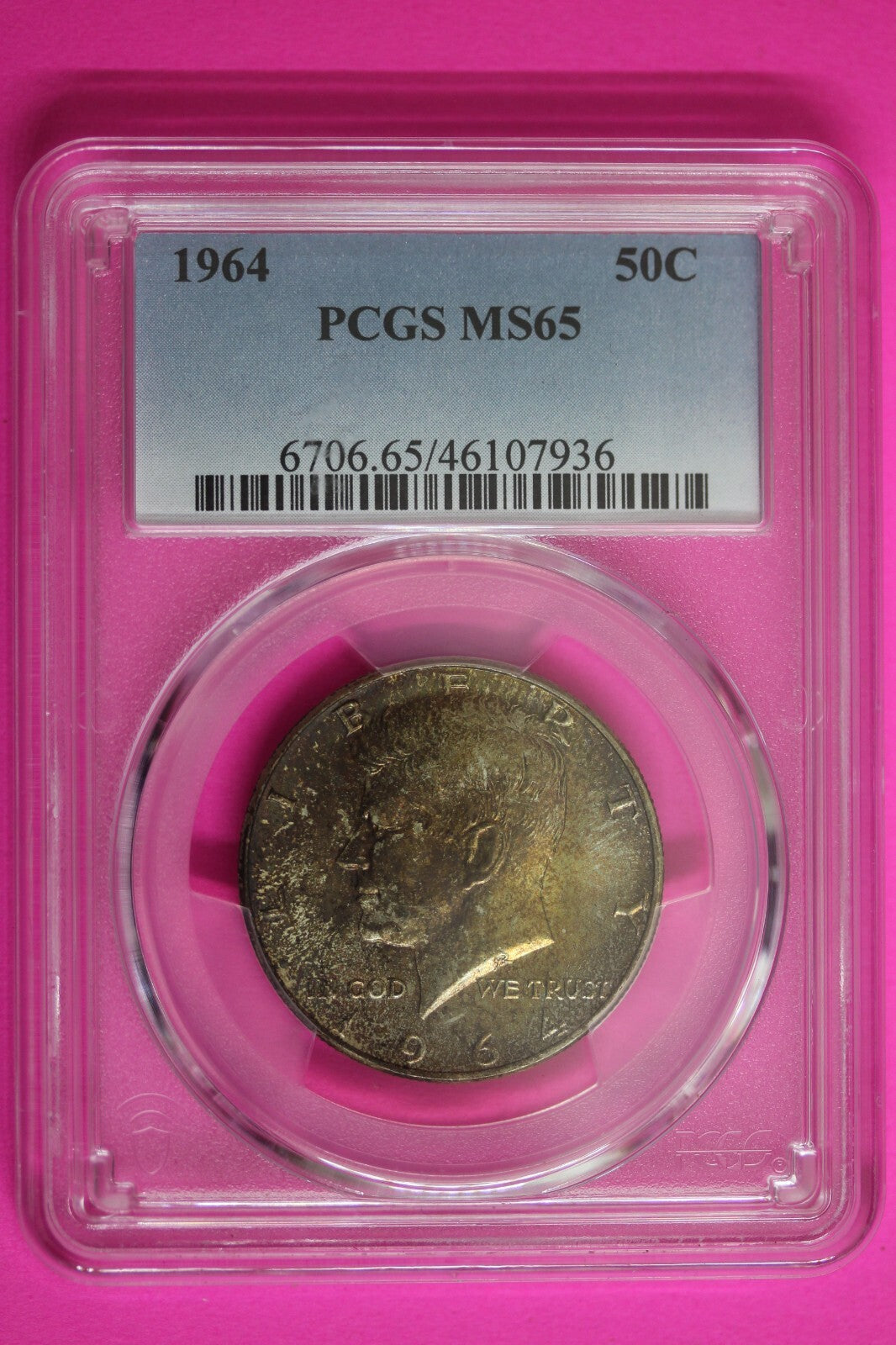 Toned Color 1964 P MS 65 John Kennedy Half Dollar PCGS Graded Truview Slab 60