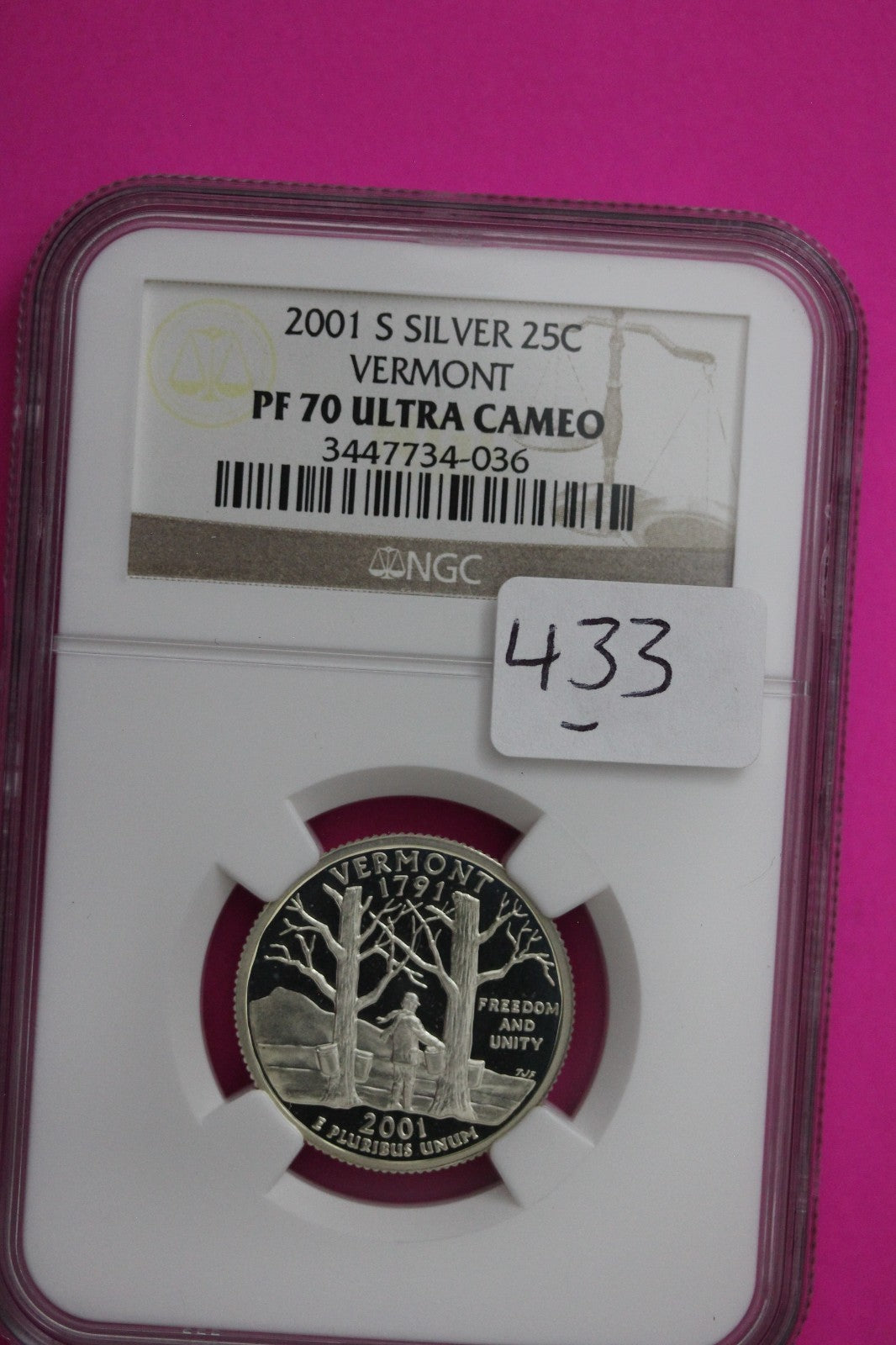 2001 S PF 70 Vermont Silver State Quarter NGC Certified Authentic Slab 433