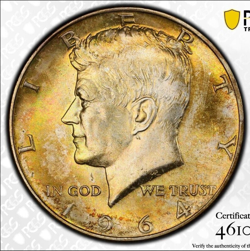 Toned Color 1964 D MS 65 John Kennedy Half Dollar PCGS Graded Authentic Slab 915