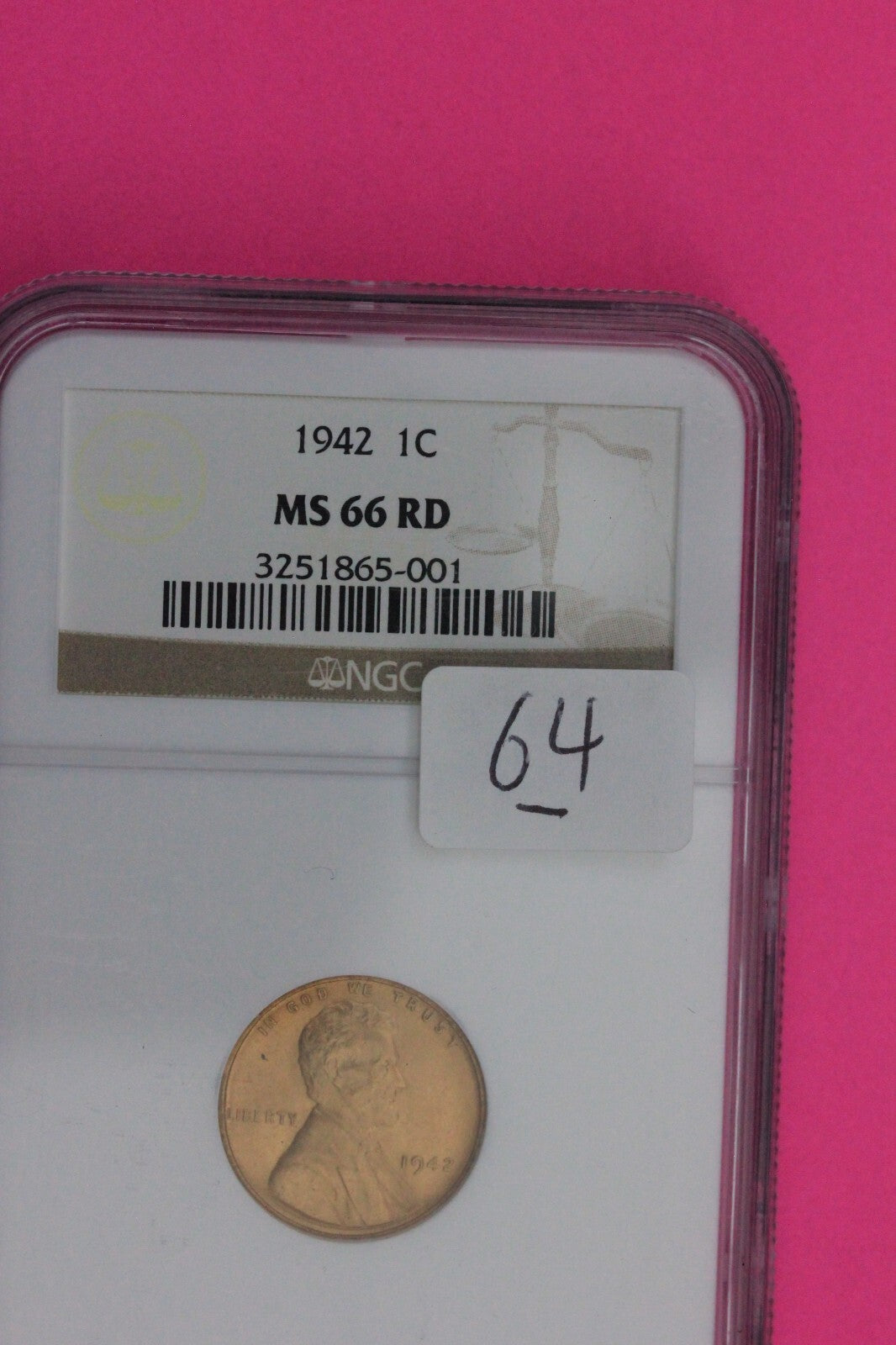 1942 P MS 66 RD Lincoln Wheat Cent Penny NGC Graded Certified Authentic Slab 64