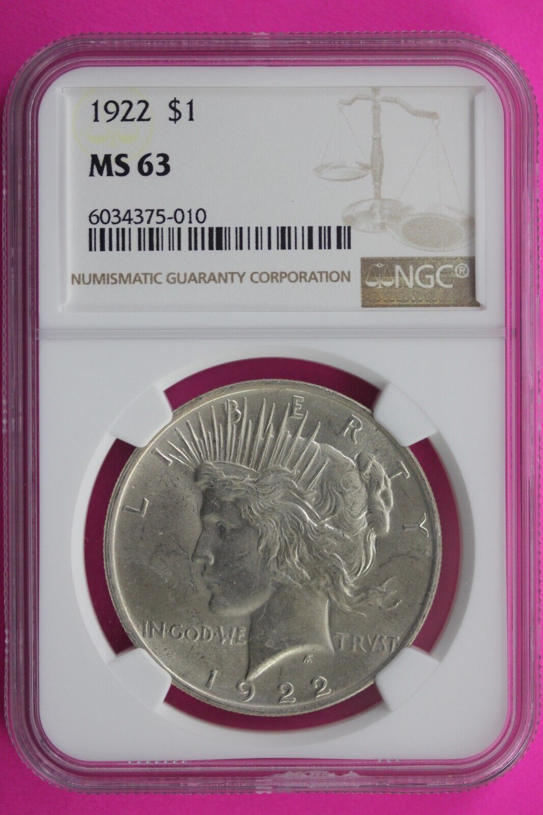 1922 P MS 63 Liberty Peace Silver Dollar NGC Certified Authentic Graded Slab 705