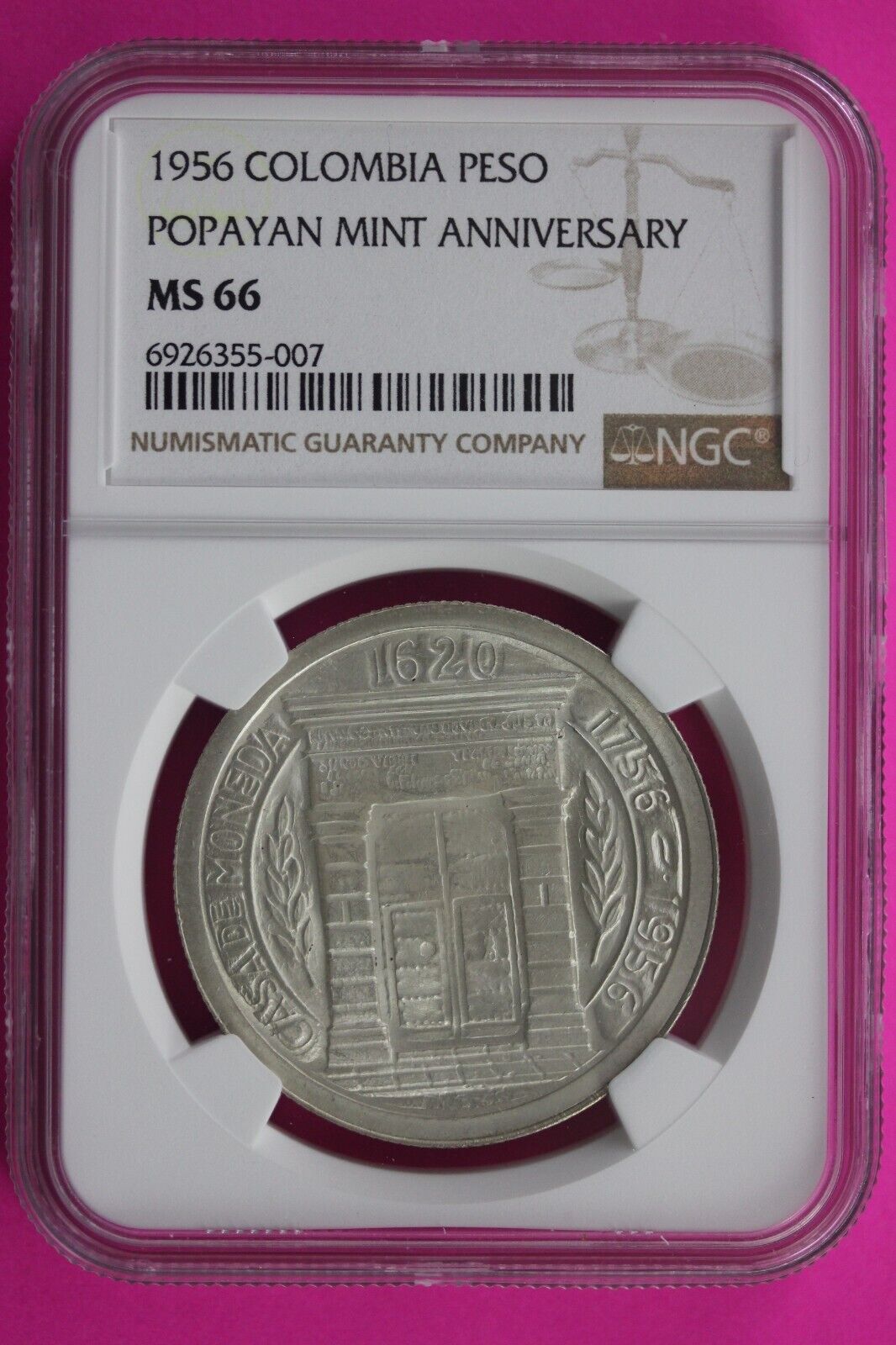 1956 MS 66 Colombia Peso Popayan Mint Anniversary Silver Coin NGC Graded 544