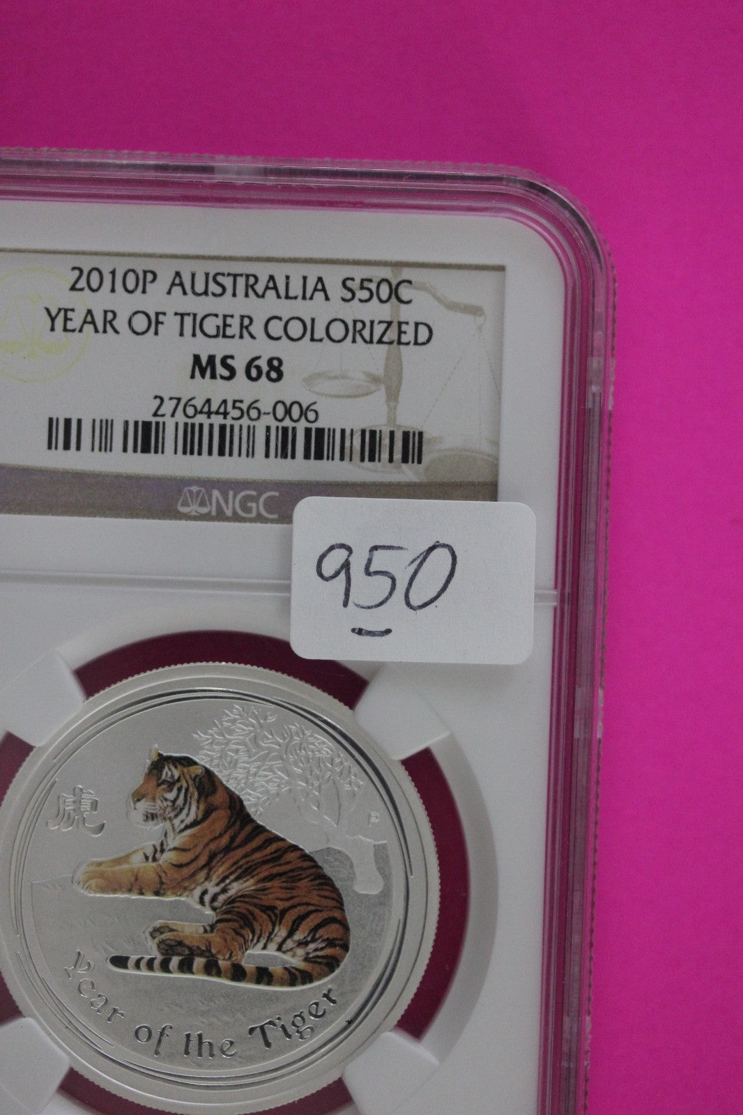 2010 P MS 68 Colorized Australia Year Of The Tiger 50 Cents Silver Coin NGC 950