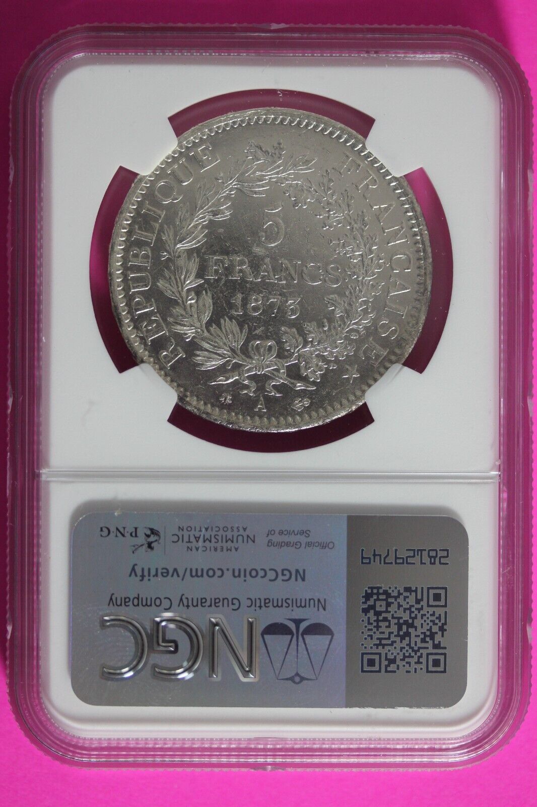 1875 A UNC Details France 5 Francs Silver Coin NGC Cleaned Certified Slab 620