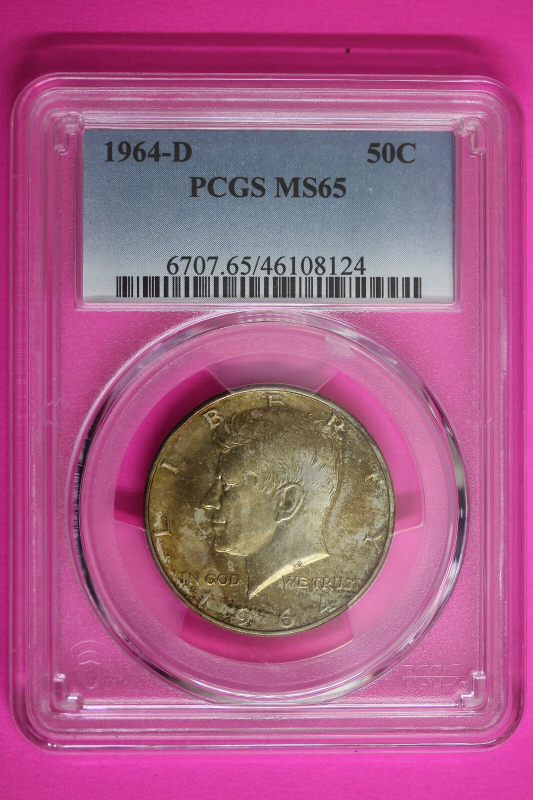 Toned Color 1964 D MS 65 John Kennedy Half Dollar PCGS Graded Authentic Slab 915