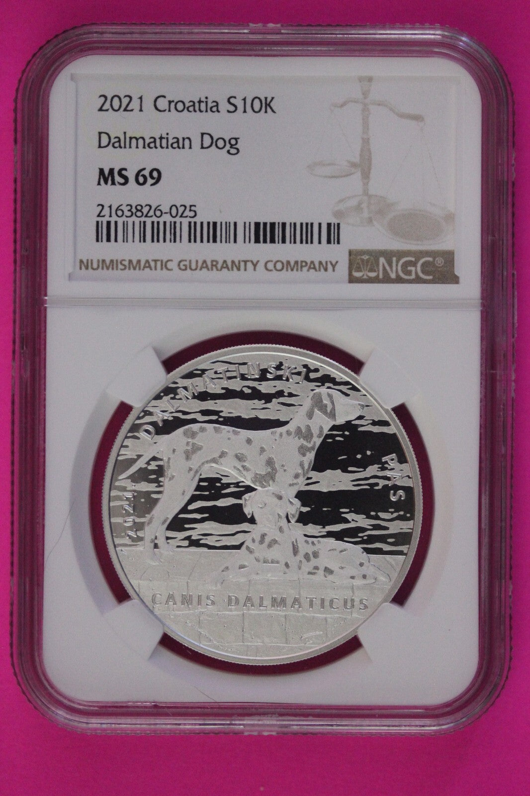 2021 Dalmation Dog MS 69 Croatia 10k Kuna 1 OZ Silver NGC Certified Slab 1100