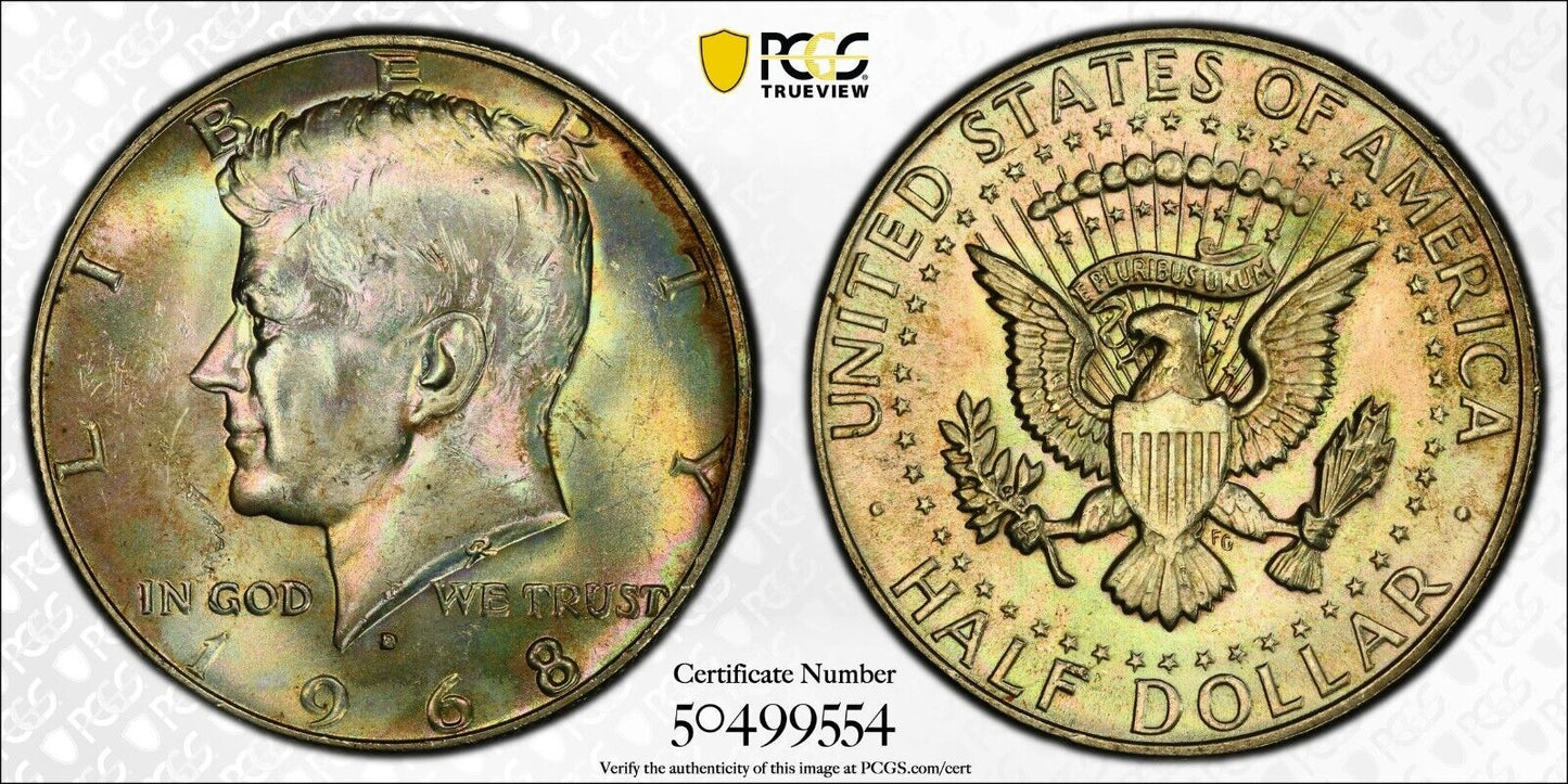 Toned 1968 D Silver MS 64 John F Kennedy Silver Half Dollar PCGS Graded Slab 148