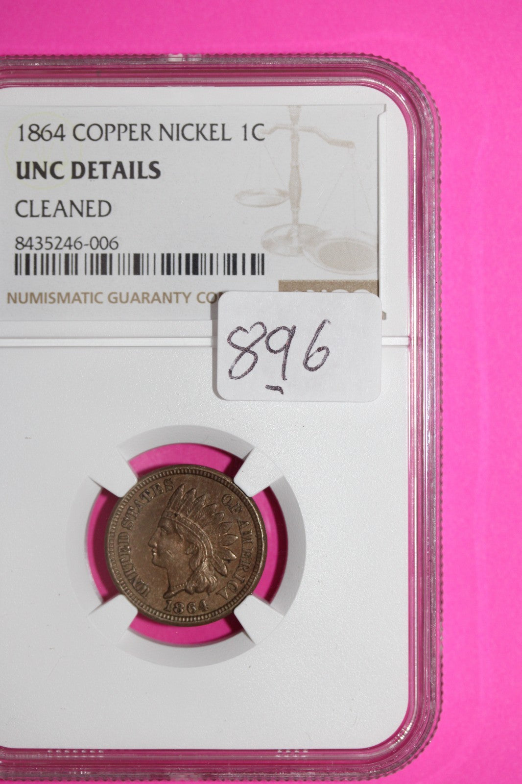 1864 CN Indian Head Cent Penny UNC Details NGC Cleaned Certified Authentic 896