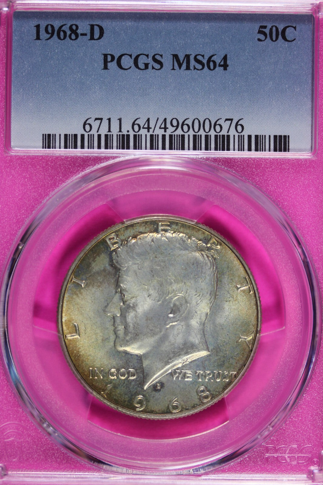 Toned 1968 D Silver MS 64 John F Kennedy Silver Half Dollar PCGS Graded Slab 150