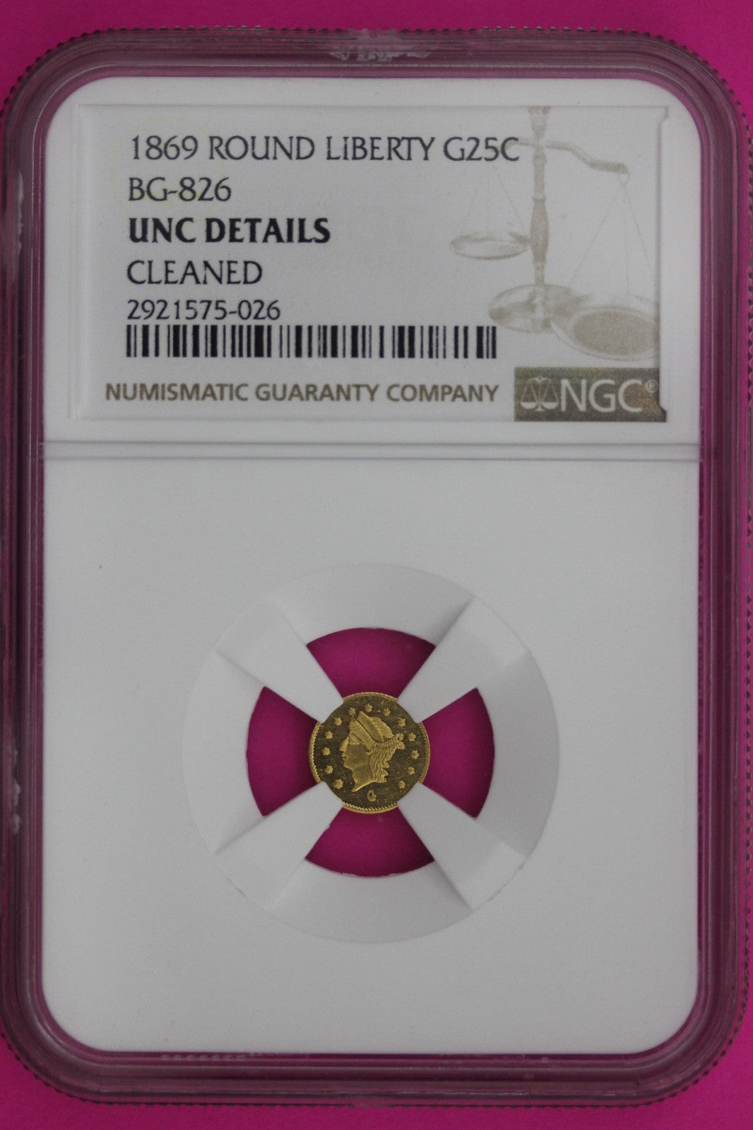 1869 Unc Details Cleaned Indian Gold Token NGC Certified Authentic Genuine 876