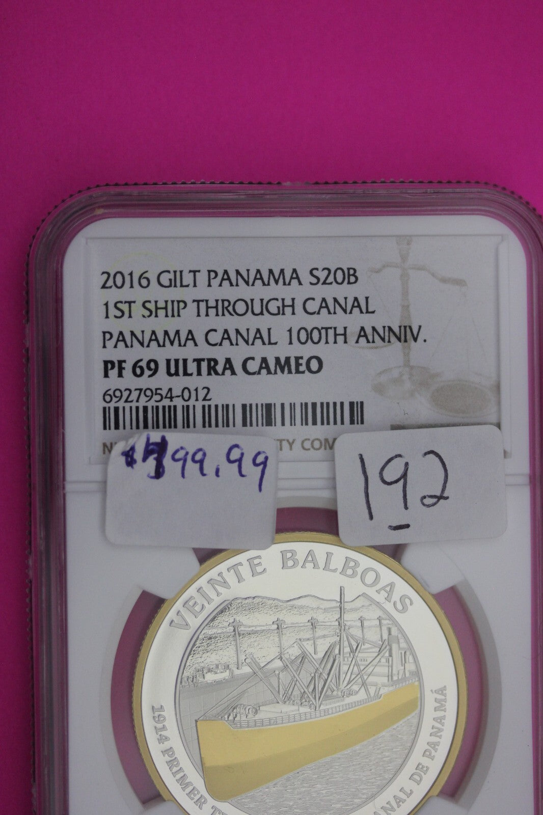 2016 PF 69 Gilt Panama Proof 20 Balboas Canal 1rst Ship 100 Anniversary NGC 192