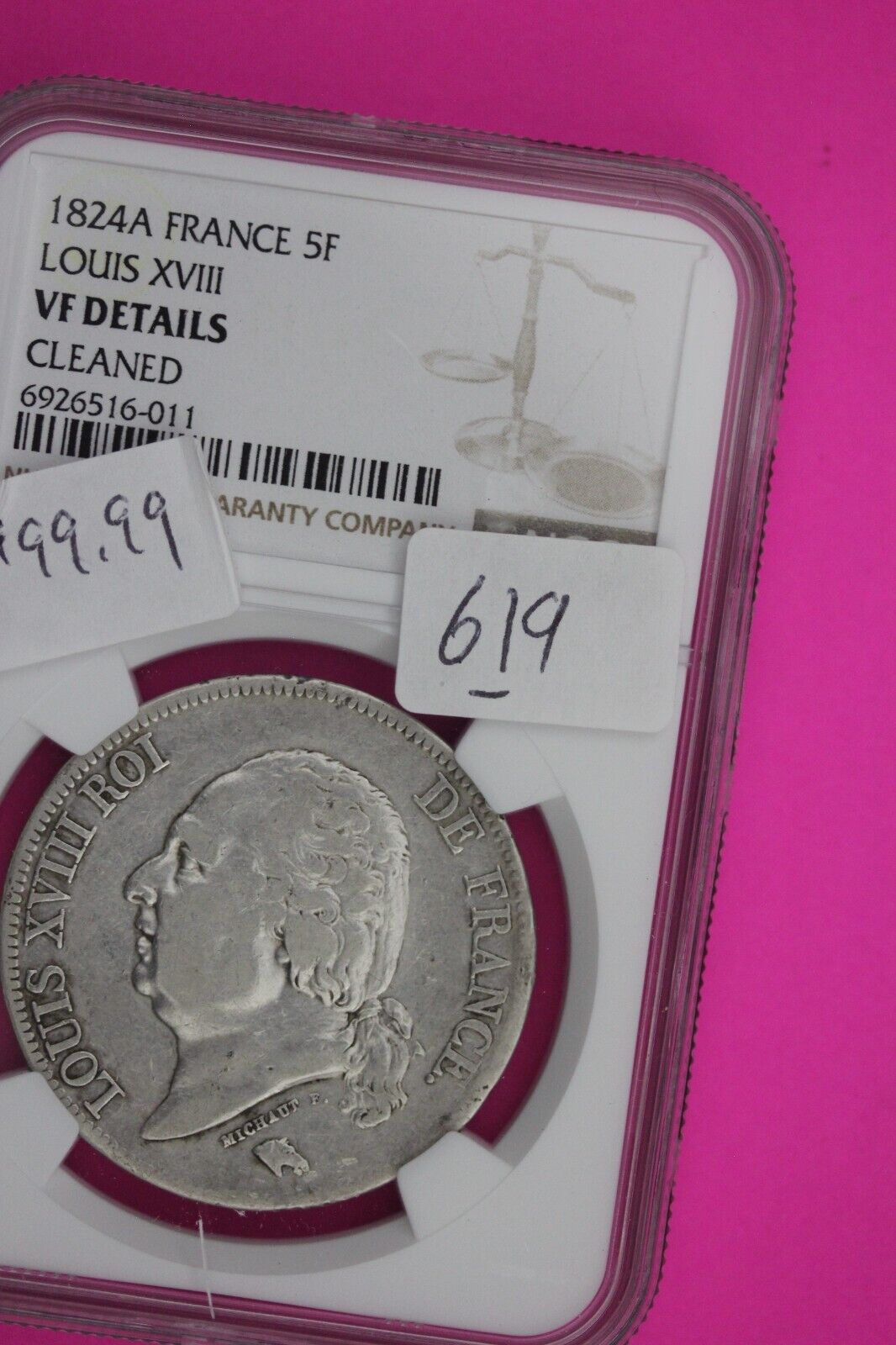 1824 A VF Details France 5 Francs Silver Coin NGC Cleaned Certified Slab 619