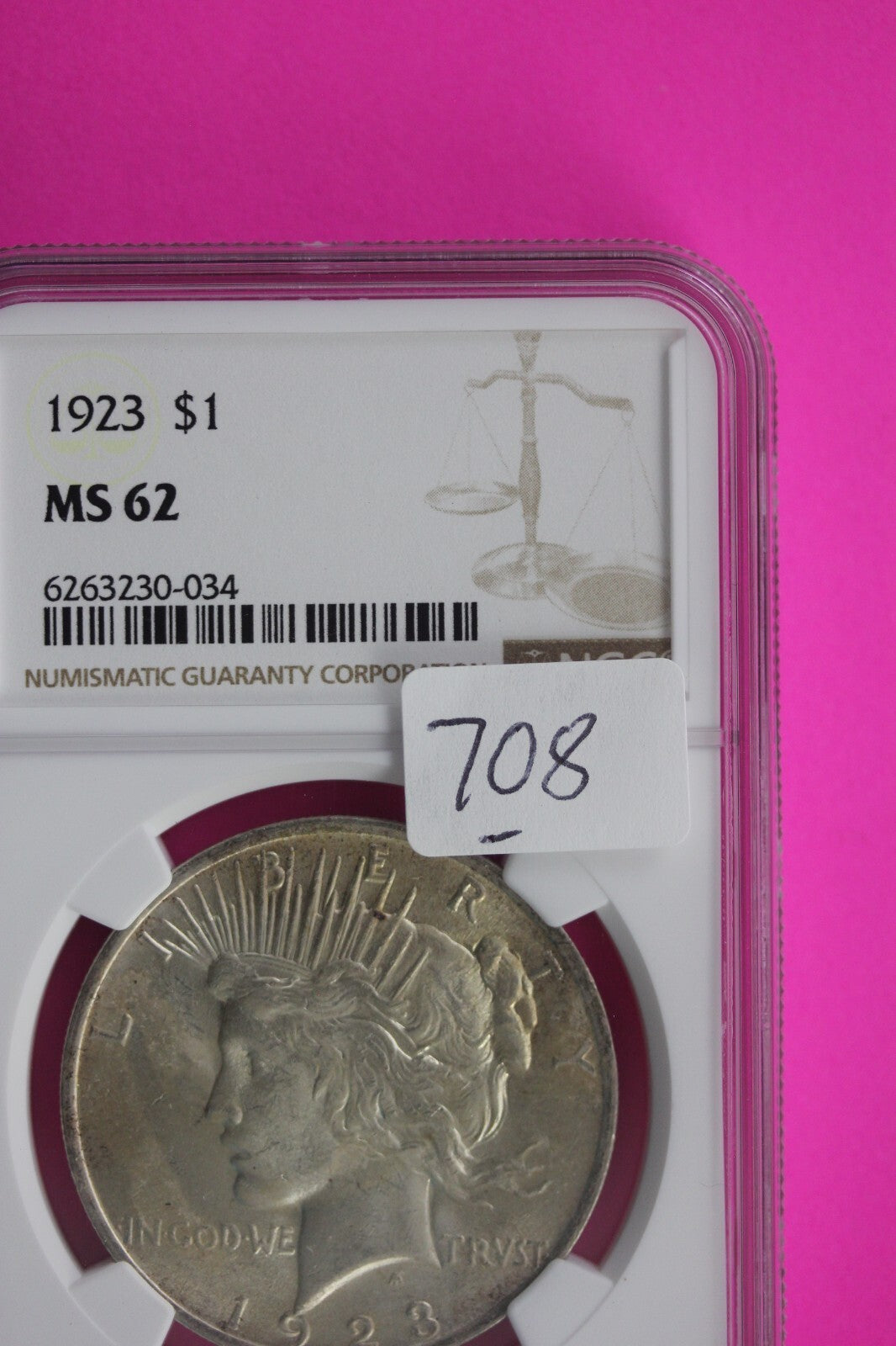 1923 P MS 62 Liberty Peace Silver Dollar NGC Certified Authentic Graded Slab 708