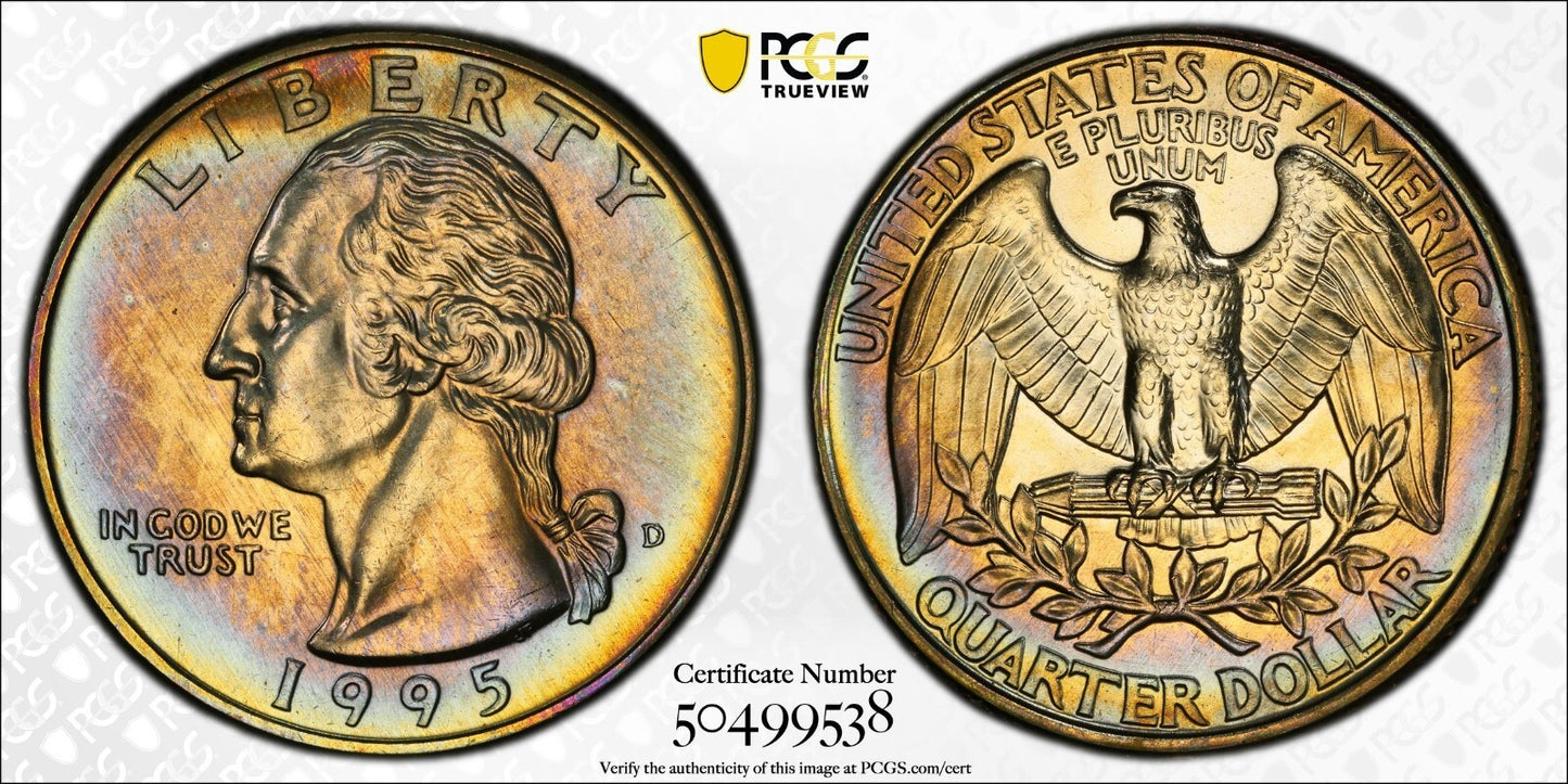 Toned 1995 D MS 66 Washington Quarter PCGS Graded Certified Authentic Slab 102