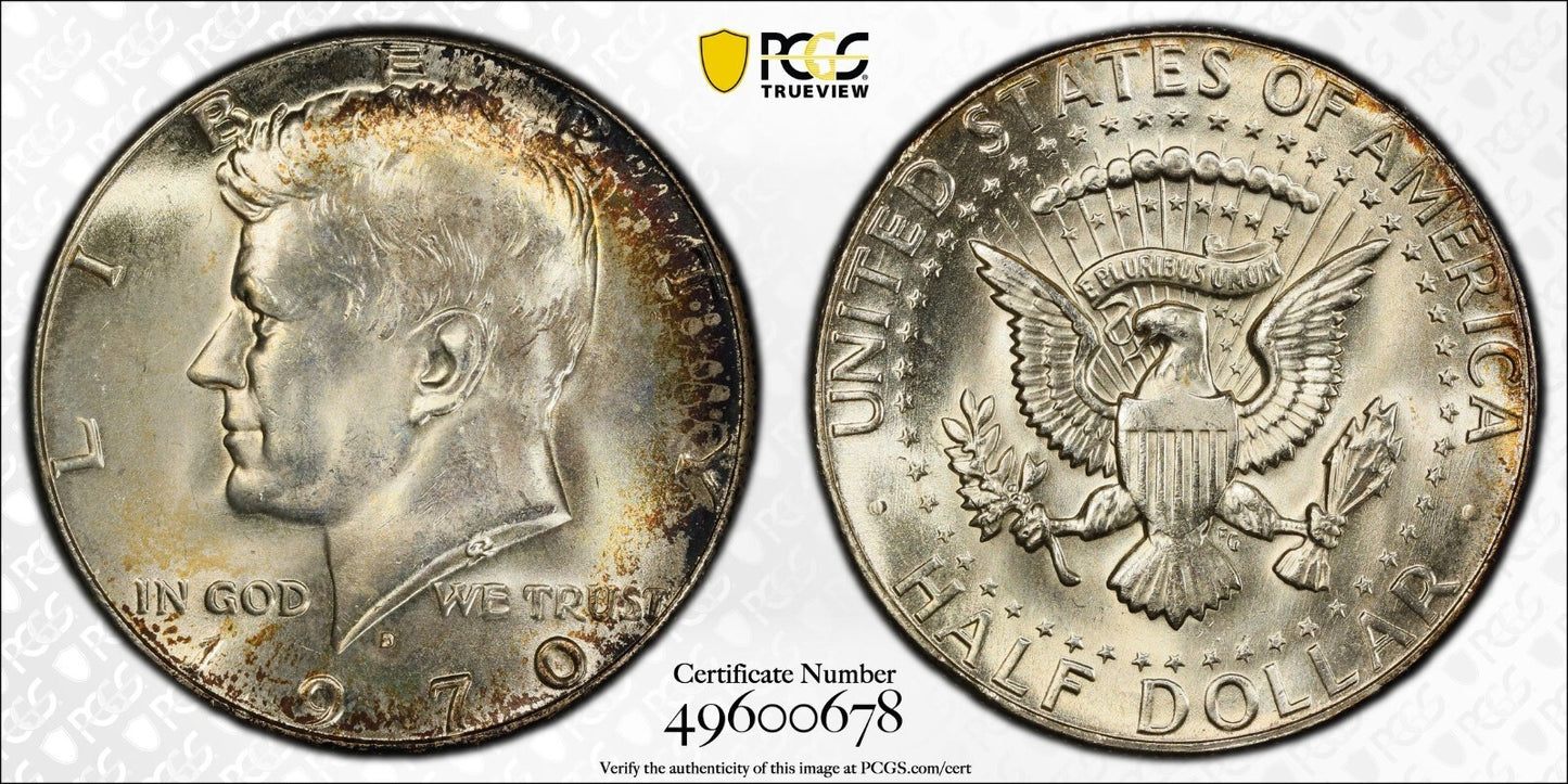 Toned 1970 D Silver MS 64 John F Kennedy Silver Half Dollar PCGS Graded 154