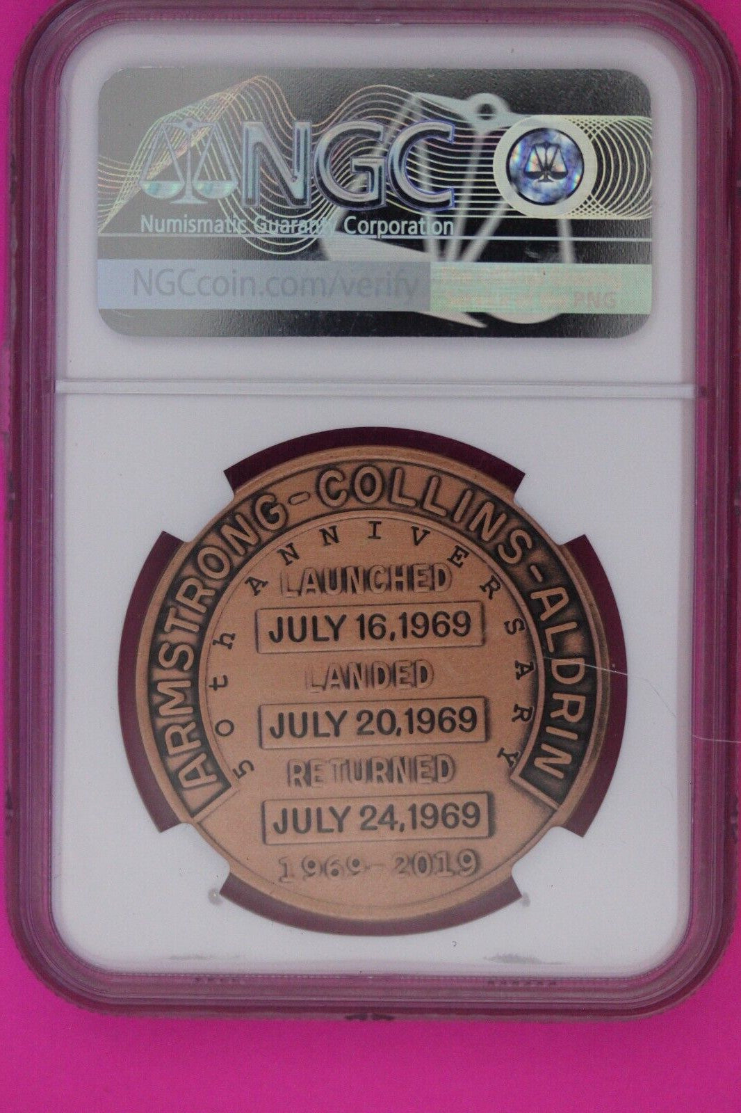 2019 Apollo 11 50th Gem BU Anniv Robbins Restrike 1 OZ Copper Medal NGC 974