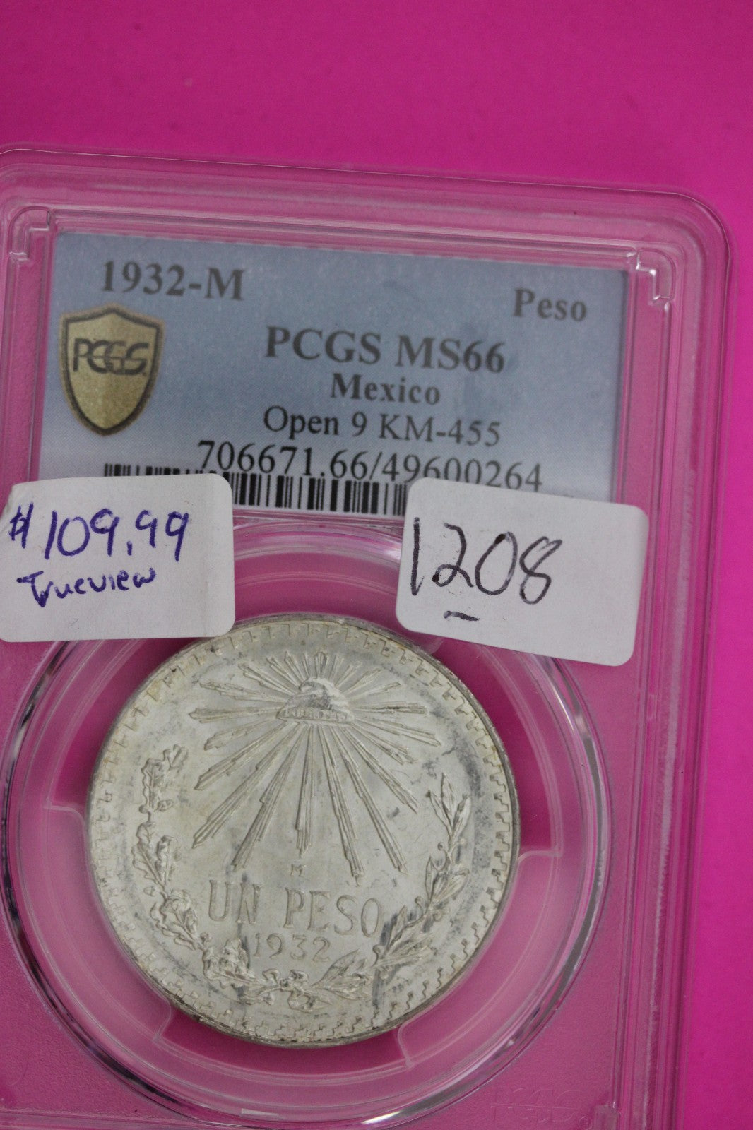 1932 M MS 66 Mexico Peso Open 9 KM-455 PCGS Certified Graded Authentic Slab 1208