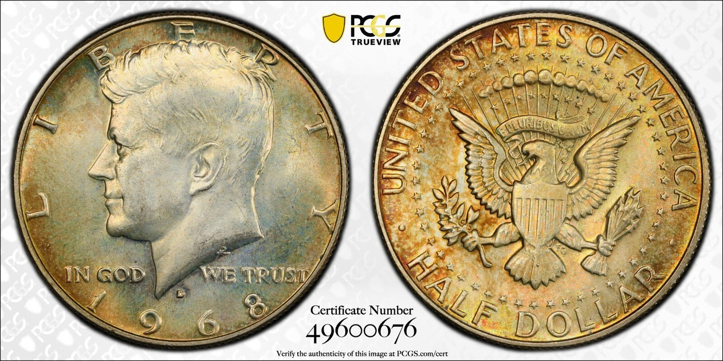 Toned 1968 D Silver MS 64 John F Kennedy Silver Half Dollar PCGS Graded Slab 150