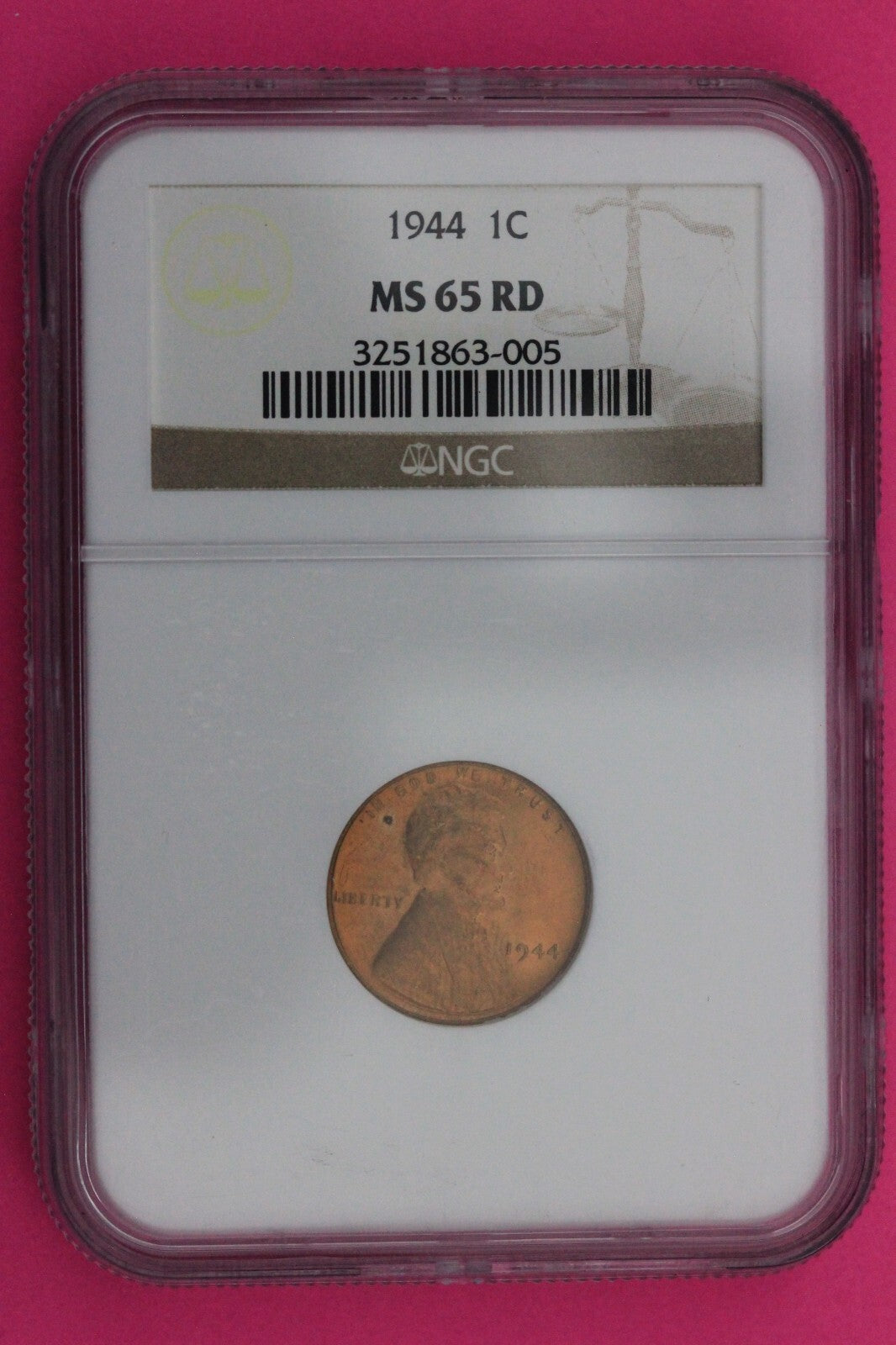 1944 P MS 65 RD Lincoln Wheat Cent Penny NGC Graded Certified Authentic Slab 79