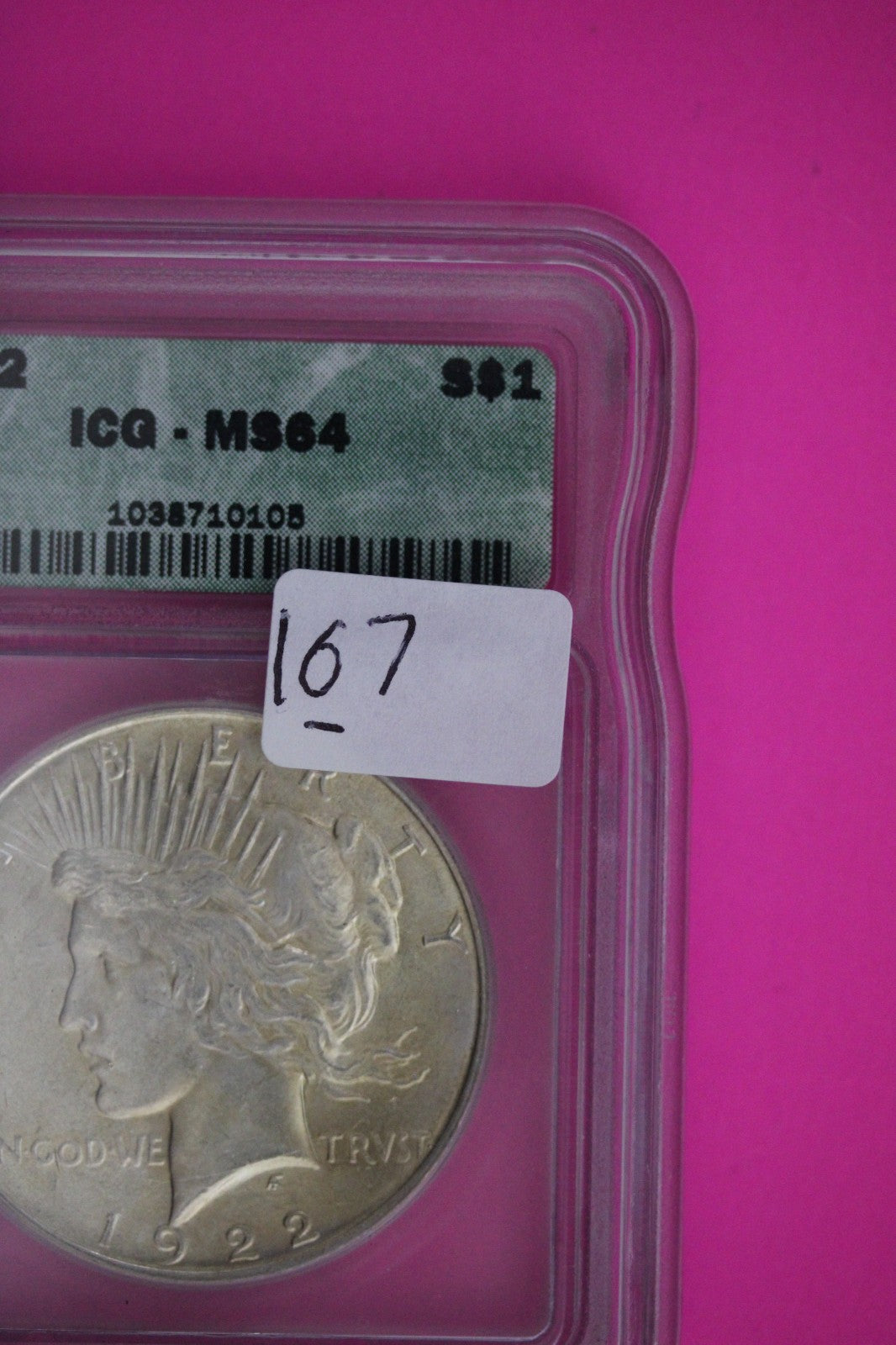 1922 P MS 64 Liberty Peace Silver Dollar ICG Certified Authentic Graded Slab 167