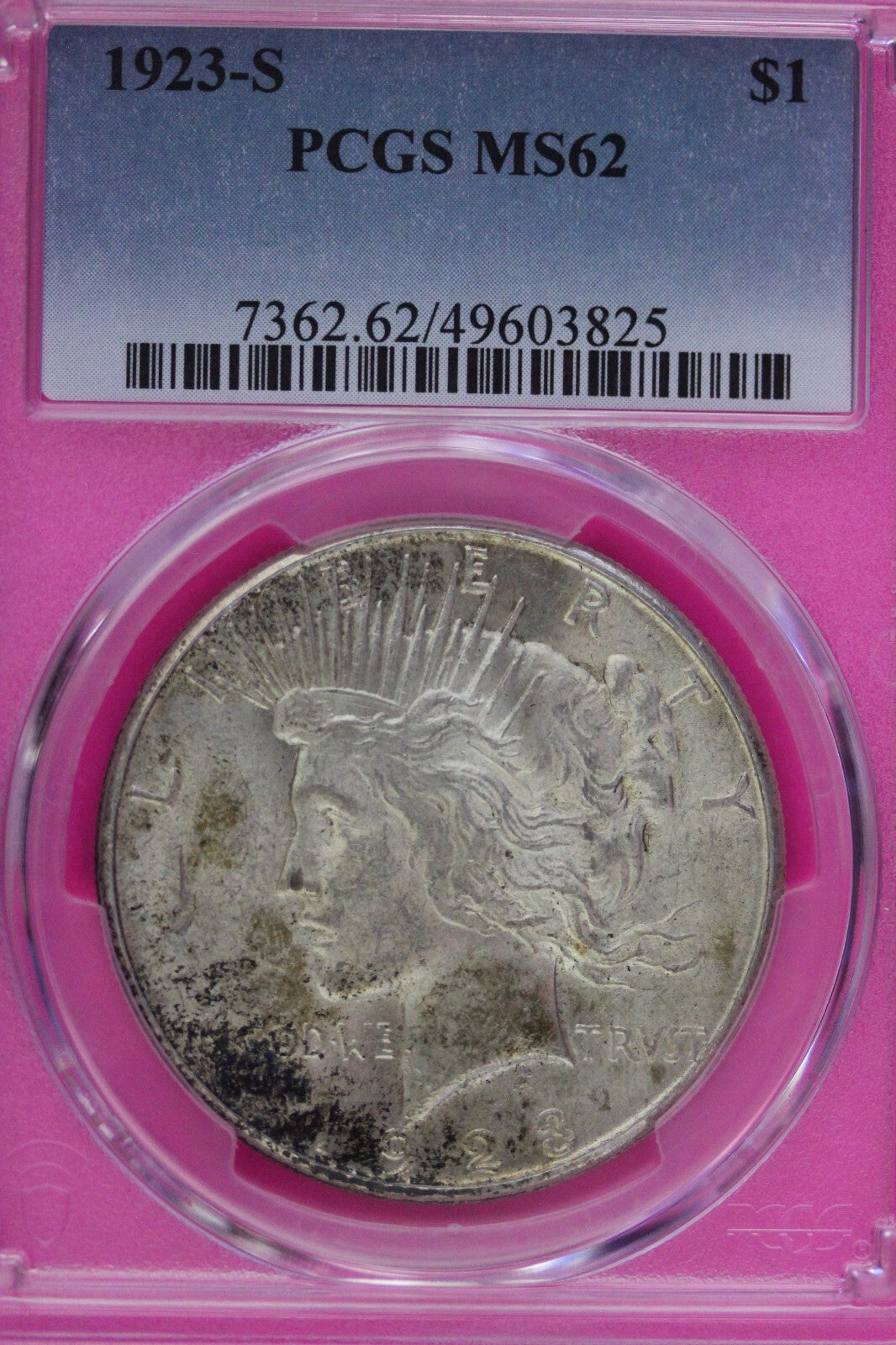 Toned 1923 S MS 62 Peace Silver Dollar PCGS Graded Certified Authentic Slab 674