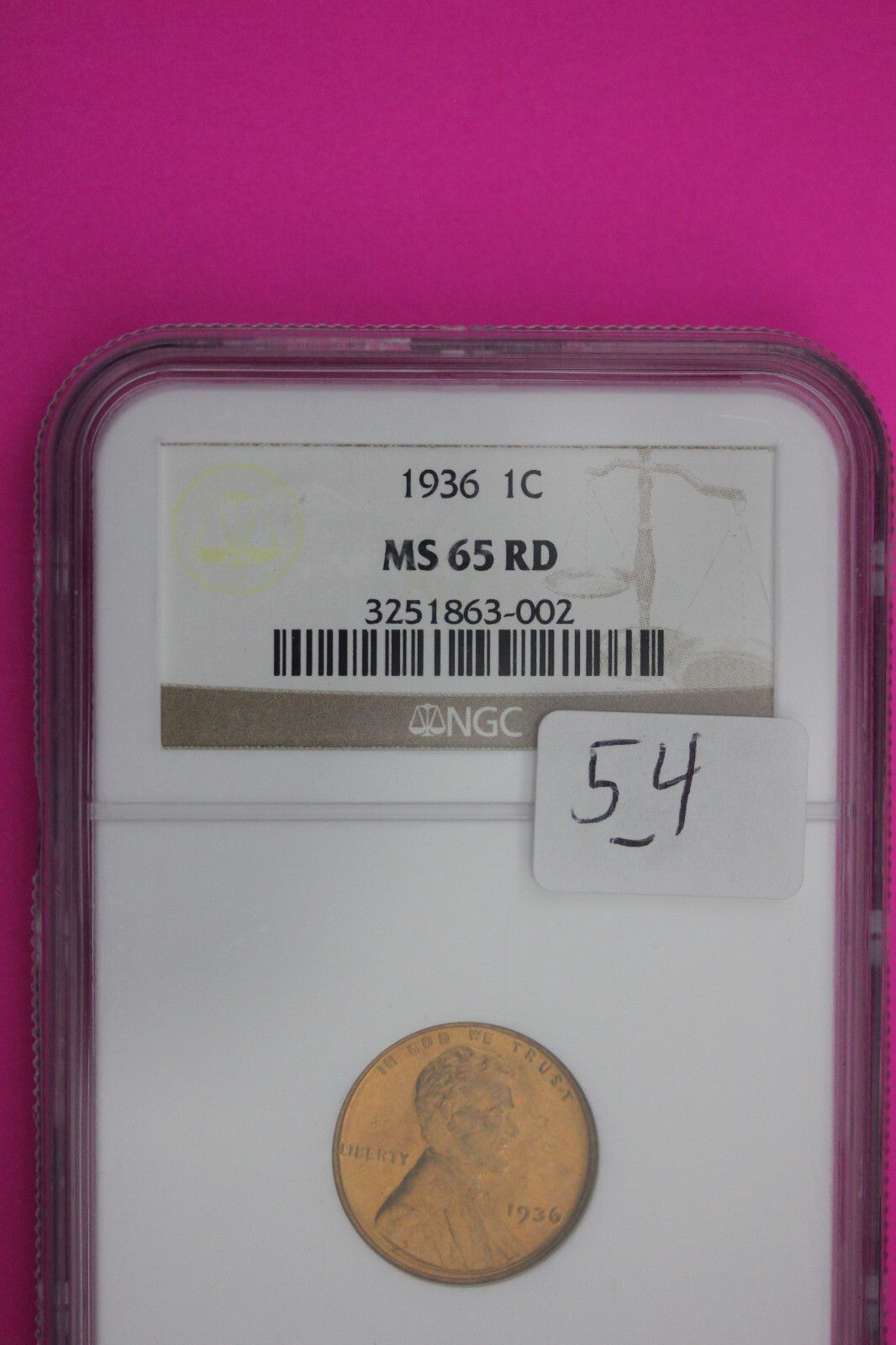 1936 P MS 65 RD Lincoln Wheat Cent Penny NGC Graded Certified Authentic Slab 54