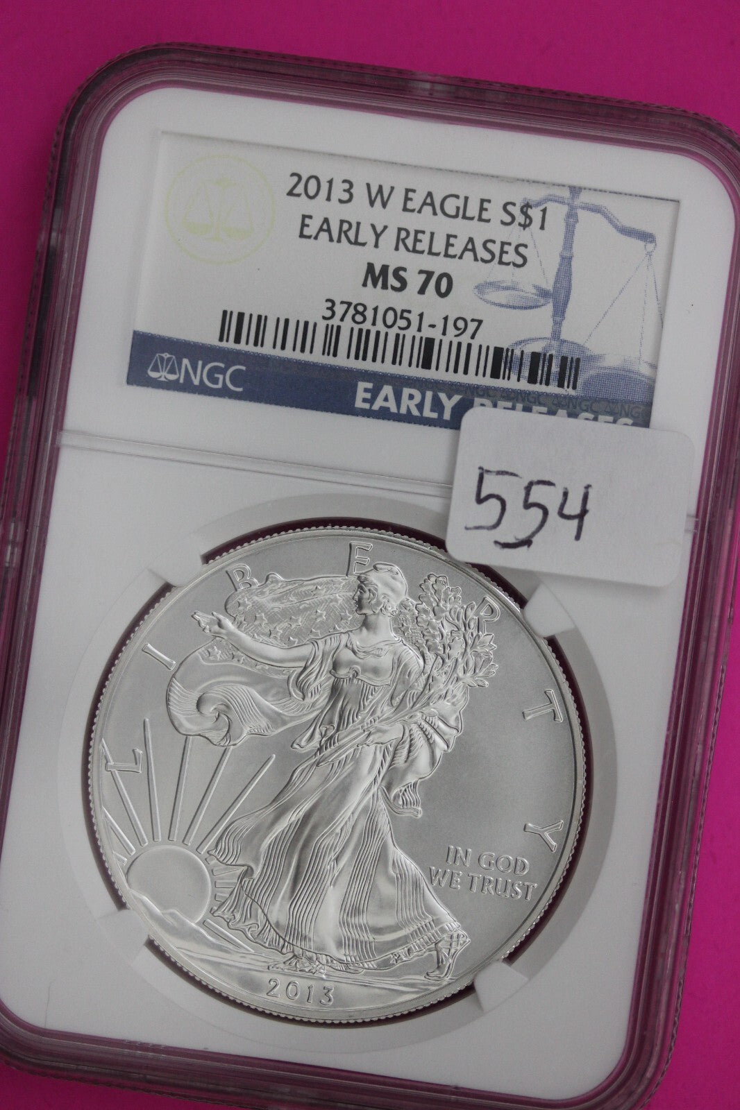2013 W MS 70 Silver Eagle Coin 1 OZ .999 NGC Certified Graded Authentic Slab 554