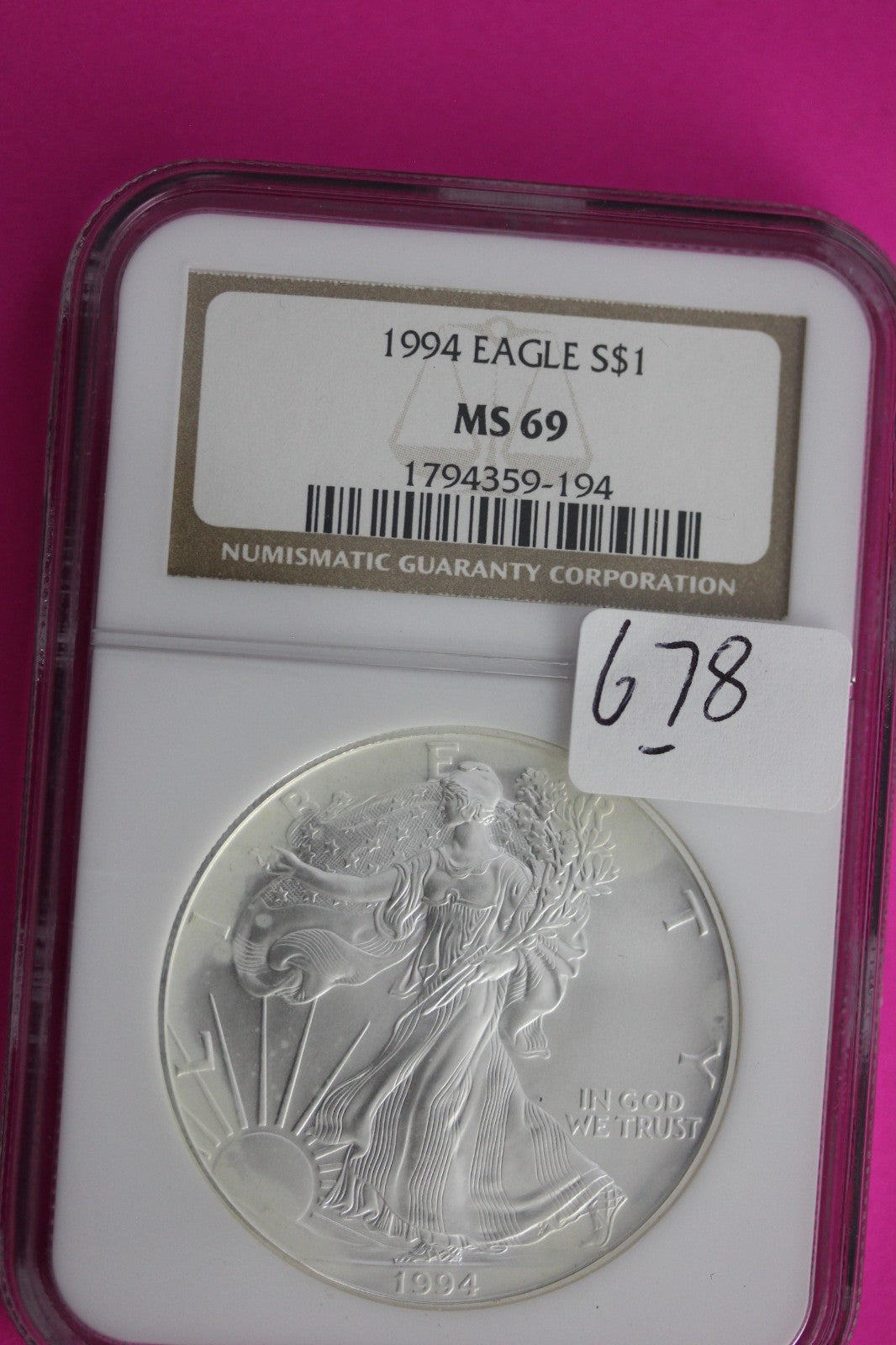 1994 MS 69 Silver Eagle 1 OZ .999 Silver NGC Certified Authentic Graded 678