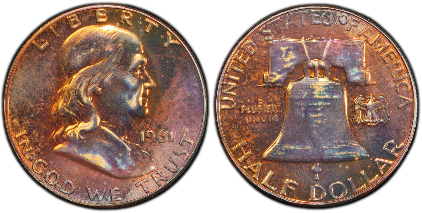 Rainbow Toned 1961 Silver PR 65 Ben Franklin Half NGC Graded Authentic Slab 173