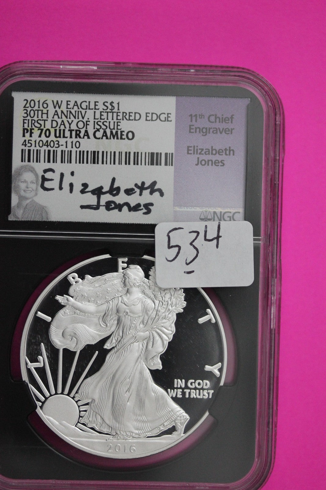 2016 W PF 70 Proof DCAM Silver American Eagle Lettered Edge NGC Jones Sig 534