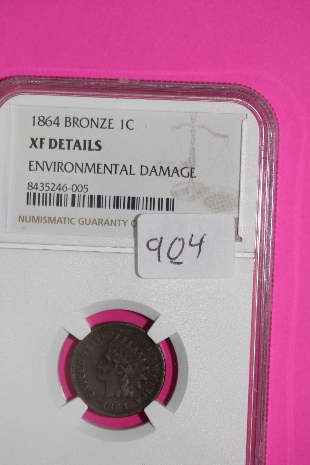 1864 Bronze Indian Head Cent Penny XF Details Environnmental Damage NGC 904