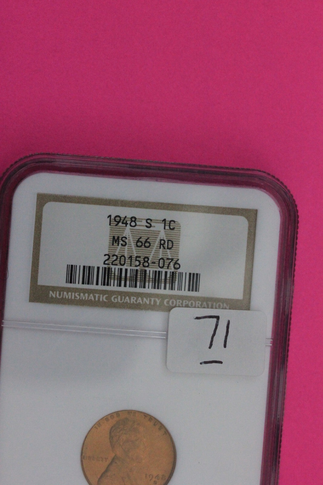 1948 S MS 66 RD Lincoln Wheat Cent Penny NGC Graded Certified Authentic Slab 71