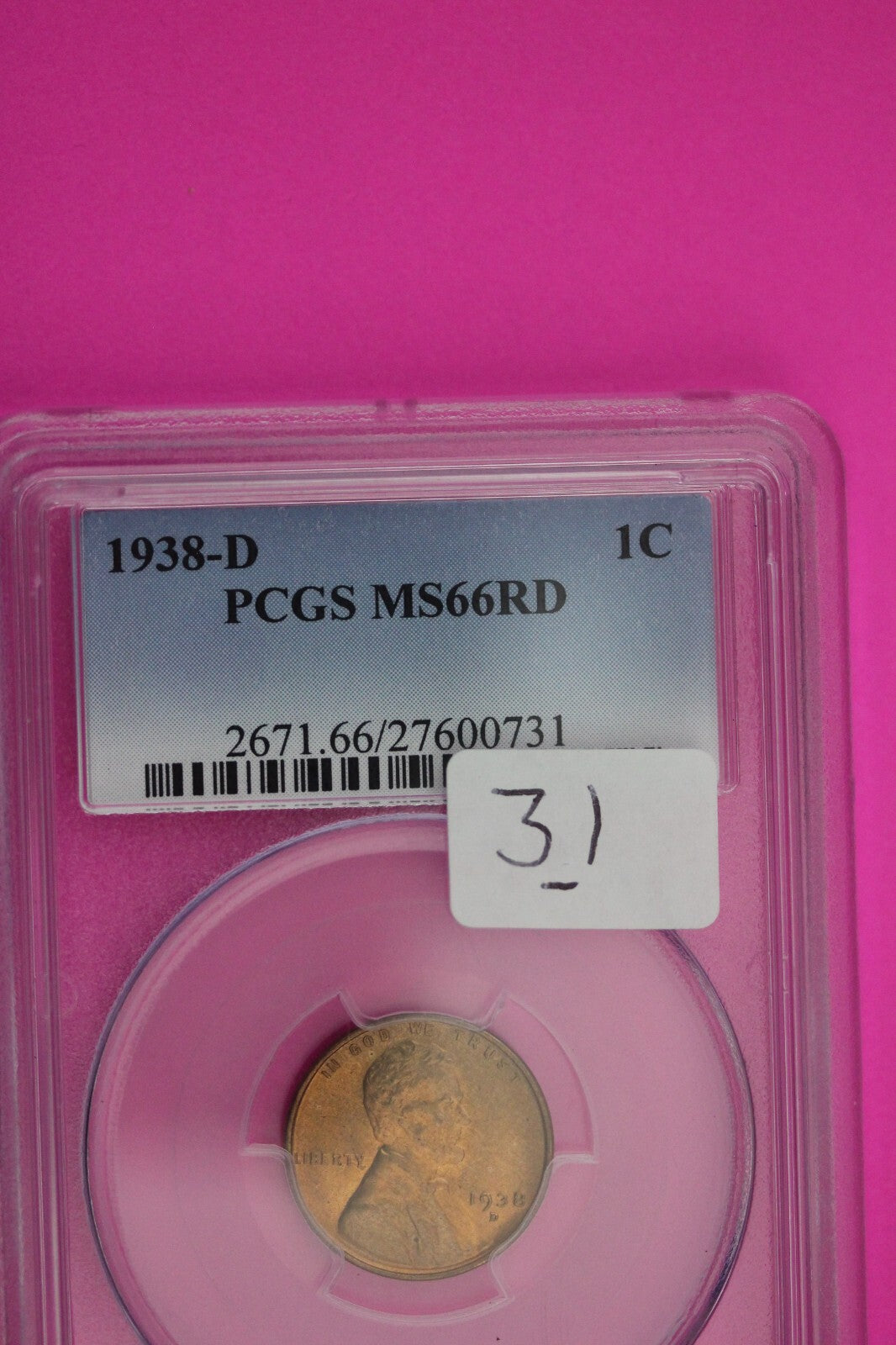 1938 D MS 66 RD Lincoln Wheat Cent Penny PCGS Graded Certified Authentic Slab 31