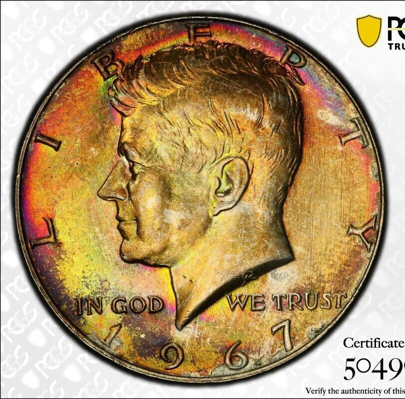 Rainbow Toned 1967 Silver MS 65 John F Kennedy Silver Half Dollar PCGS Slab 146