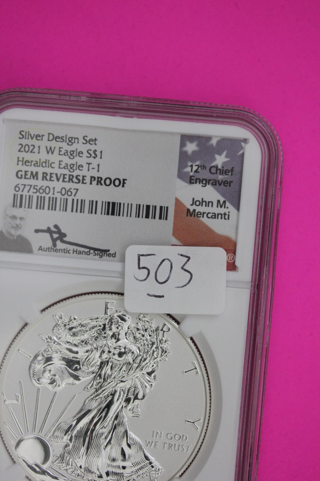 2021 W T1 Gem Reverse Proof Silver Eagle NGC Slab John Mercanti Signature 503
