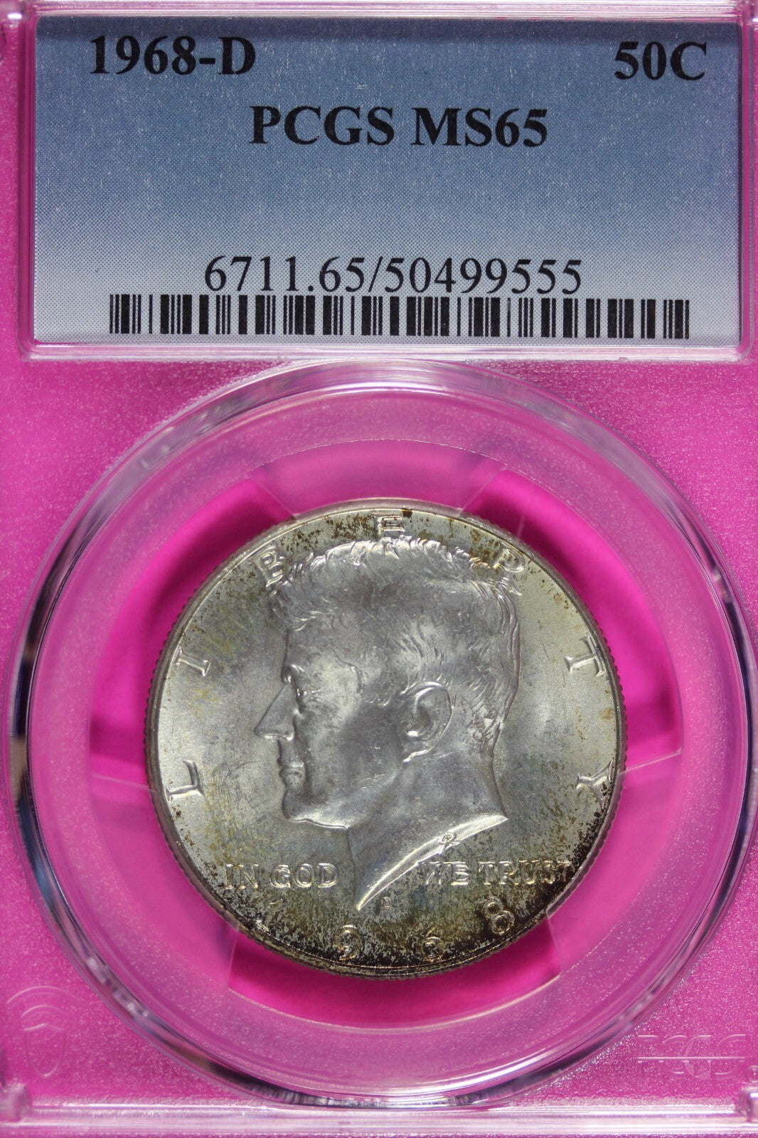 Toned 1968 D Silver MS 65 John F Kennedy Silver Half Dollar PCGS Graded Slab 149