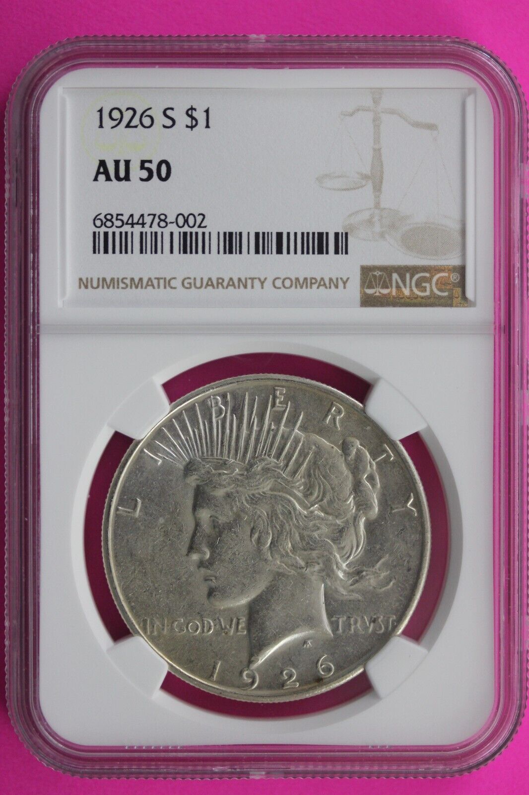 1926 S AU 50 Liberty Peace Silver Dollar NGC Certified Authentic Graded Slab 706