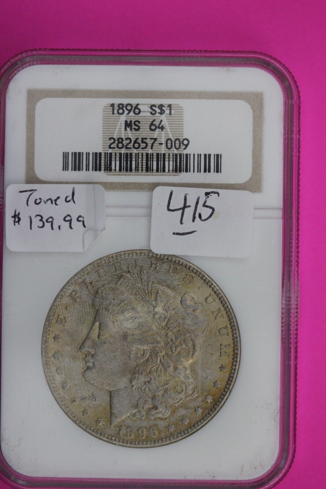 Toned 1896 P MS 64 Liberty Morgan Silver Dollar NGC Certified Graded Slab 415